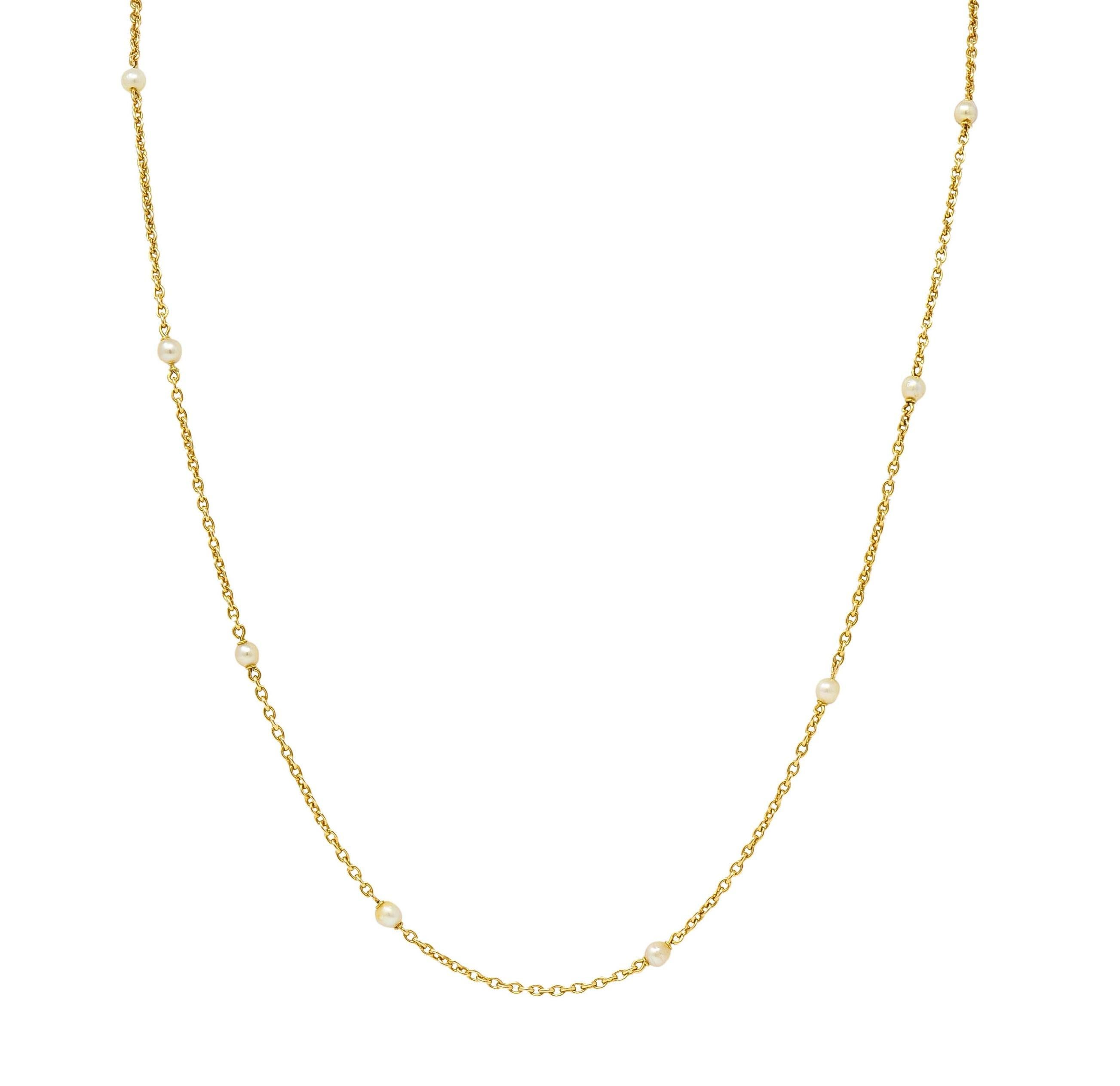 Französische viktorianische Perle 18 Karat Gelbgold 34 3/4 lange antike Station Halskette im Zustand „Hervorragend“ im Angebot in Philadelphia, PA