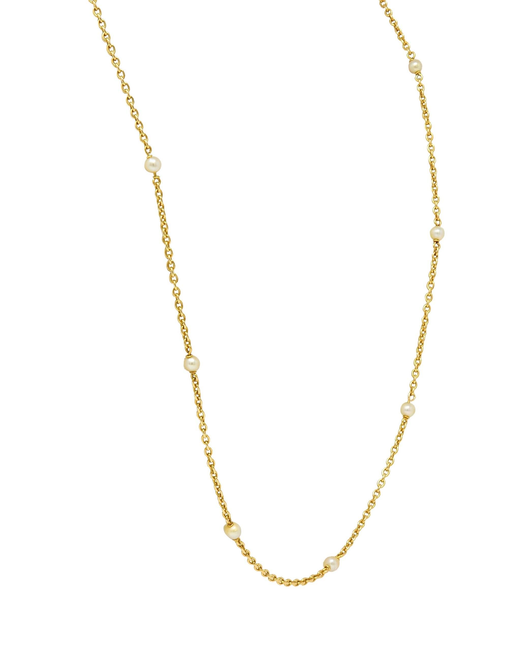 Französische viktorianische Perle 18 Karat Gelbgold 34 3/4 lange antike Station Halskette für Damen oder Herren im Angebot