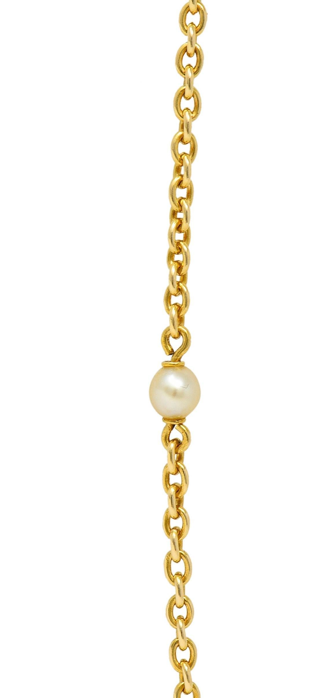 French Victorian Pearl 18 Karat Yellow Gold 34 3/4 Long Antique Station Necklace For Sale 3