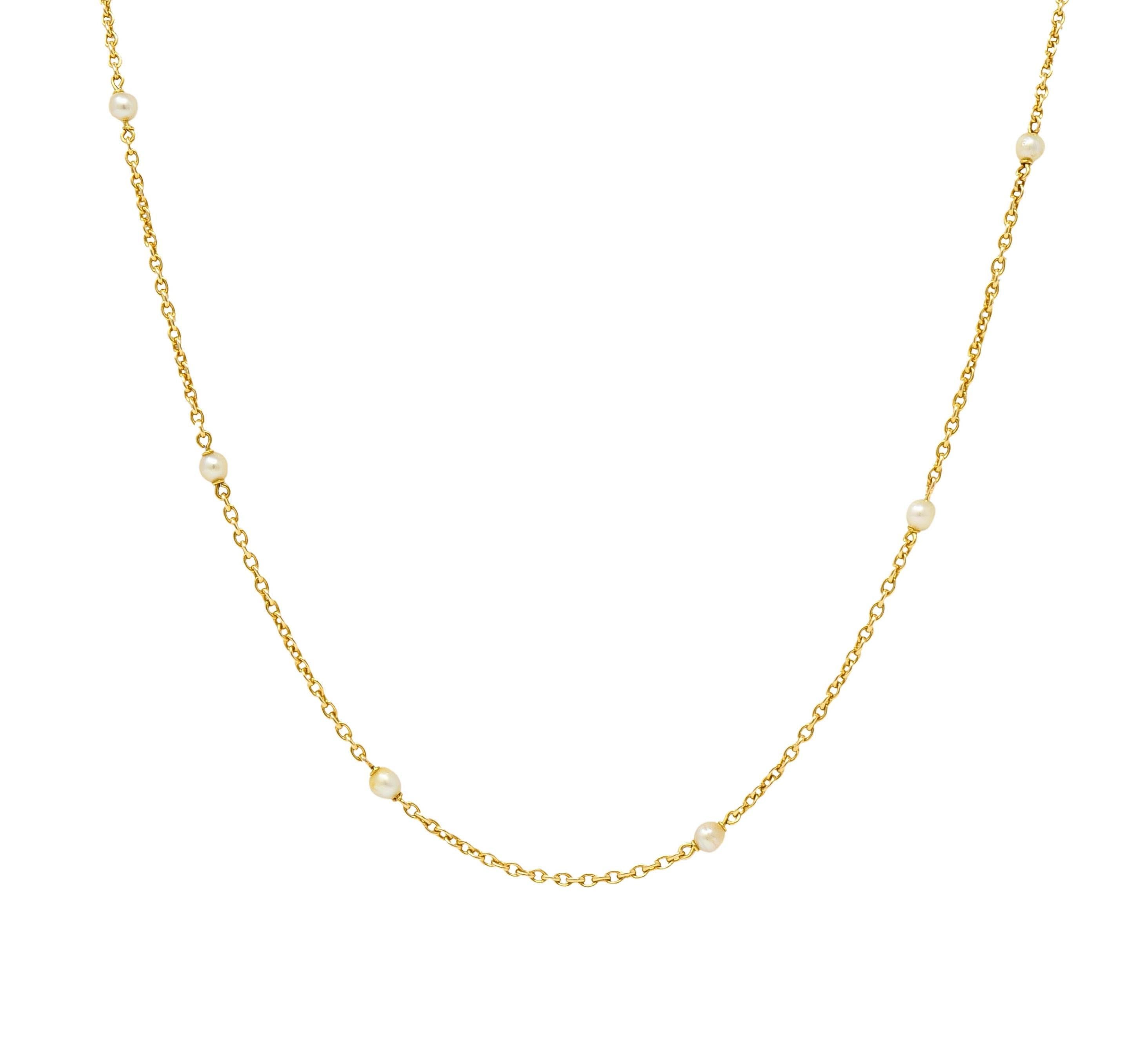 Französische viktorianische Perle 18 Karat Gelbgold 34 3/4 lange antike Station Halskette im Angebot 4