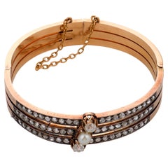 Bracelet français de style victorien, en or rose 18 carats et argent, orné de perles et de diamants