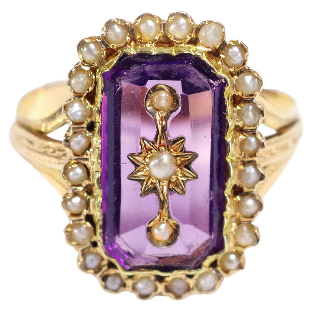 French Victorian pearl gold ring, Paste purple stone and seed pearls For Sale