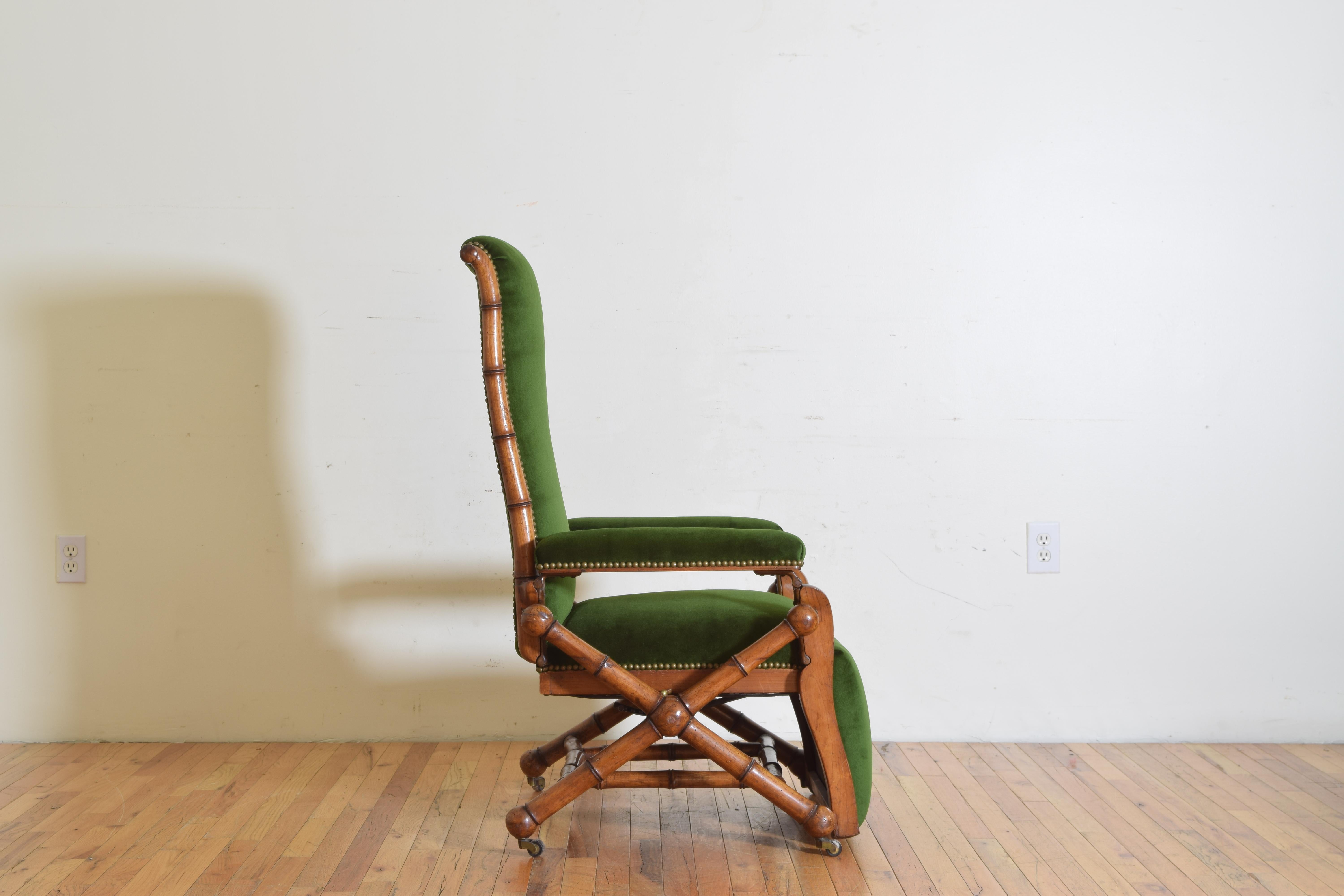 French Victorian Period Fruitwood Faux Bamboo Reclining Armchair, circa 1875 In Good Condition In Atlanta, GA
