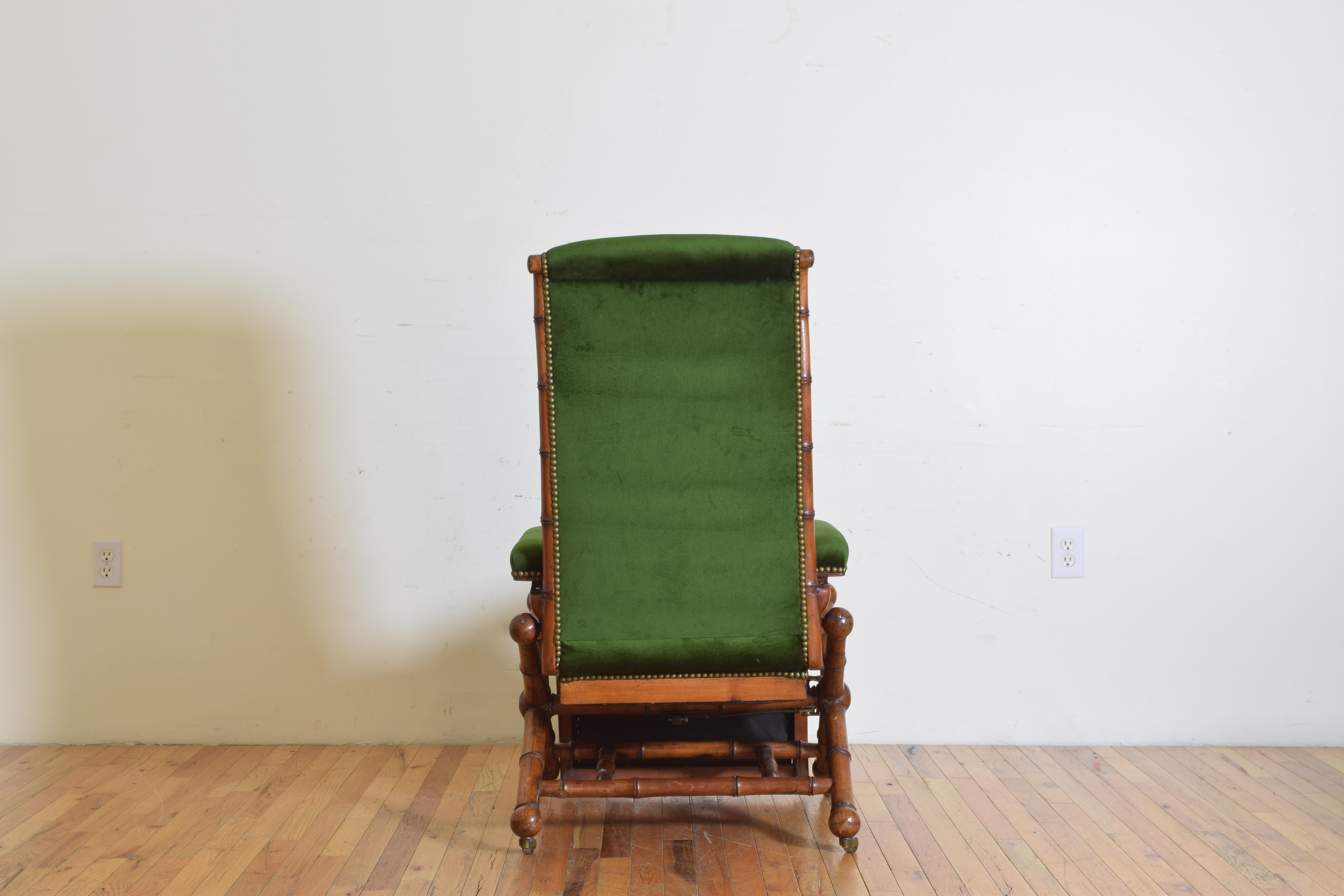 French Victorian Period Fruitwood Faux Bamboo Reclining Armchair, circa 1875 2