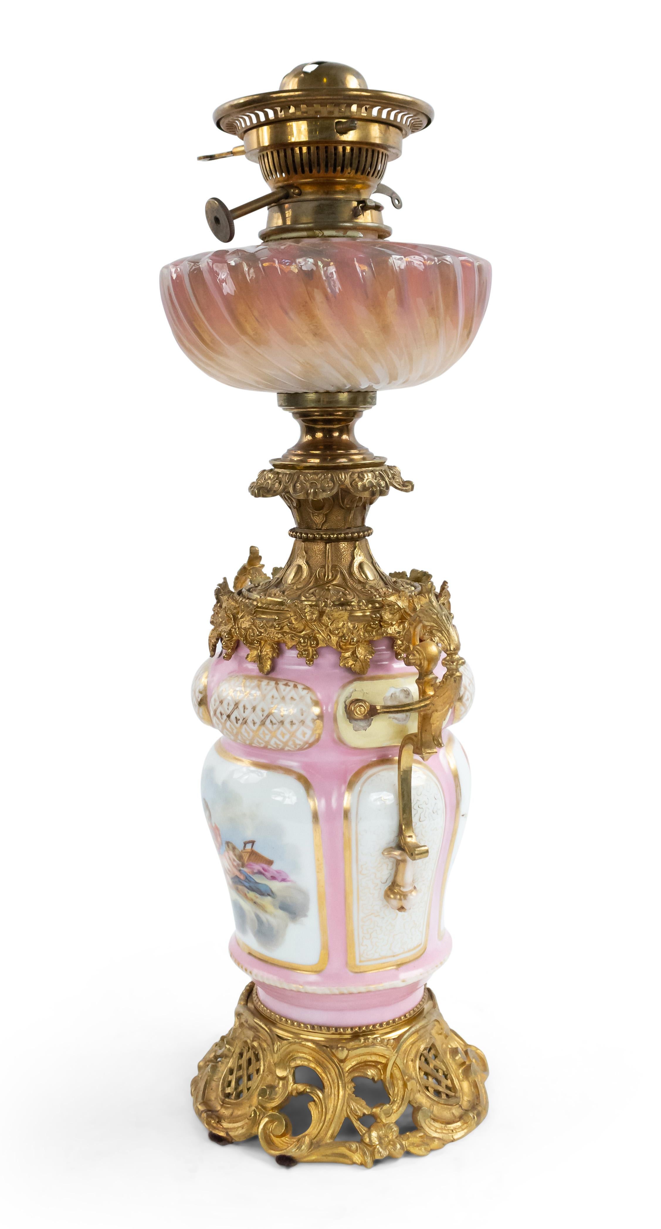 19th Century Pair of French Victorian Pink Sevres Porcelain Oil Lamps For Sale