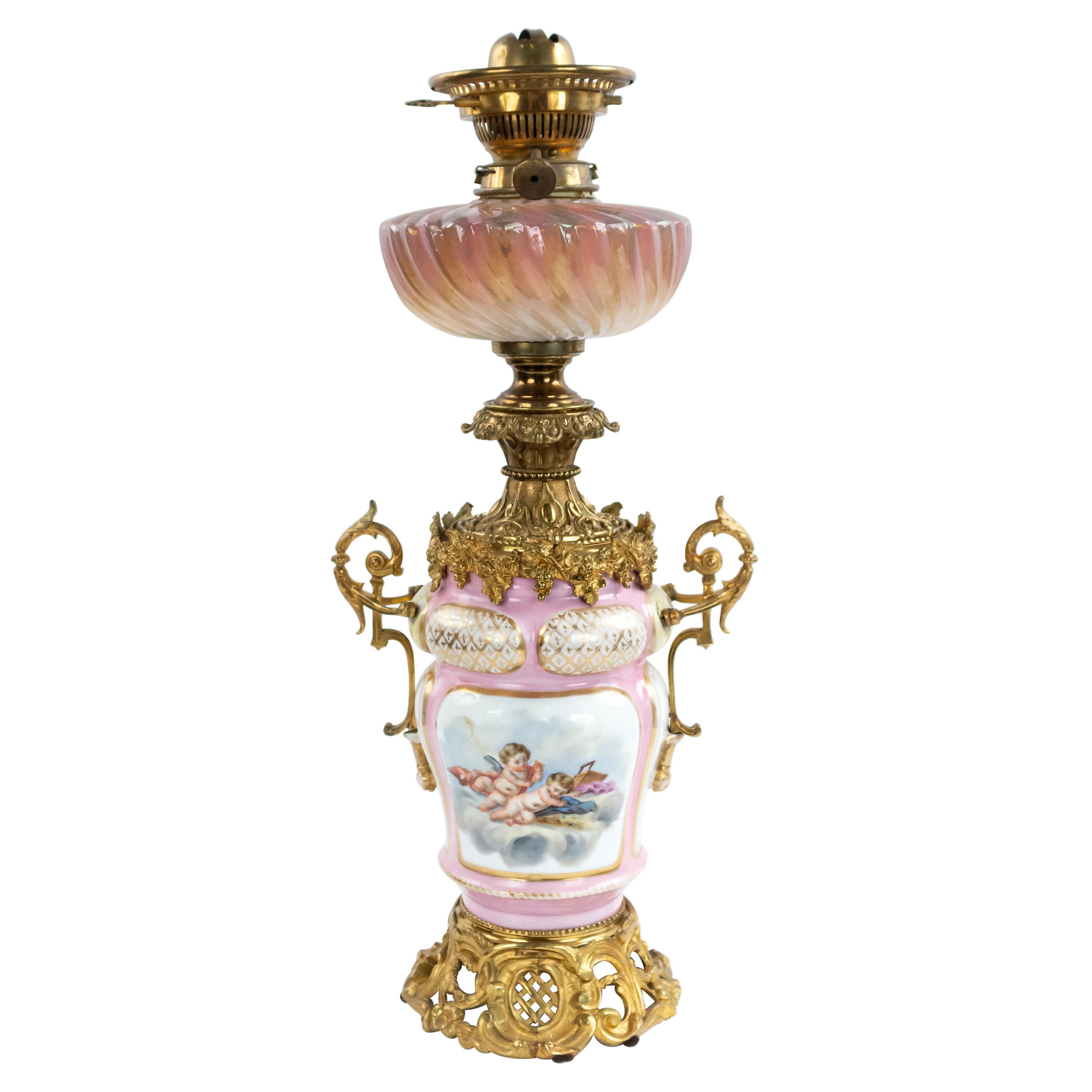 Pair of French Victorian Pink Sevres Porcelain Oil Lamps For Sale