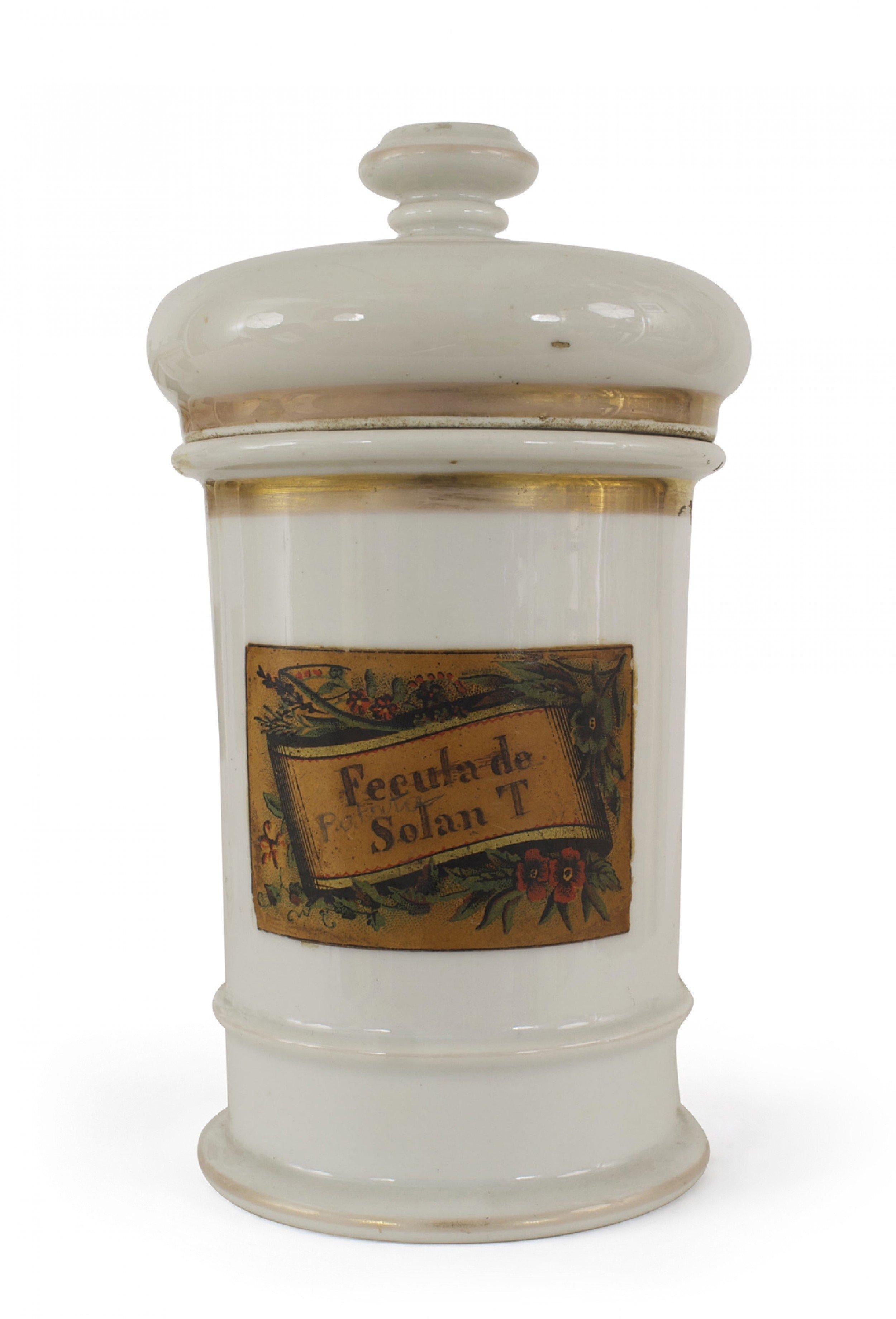 4 vasi da farmacia francesi vittoriani in porcellana bianca con decalcomania rettangolare decorativa con motivi floreali. (PREZZO PER OGNI, specificare l'etichetta del barattolo al momento dell'acquisto).