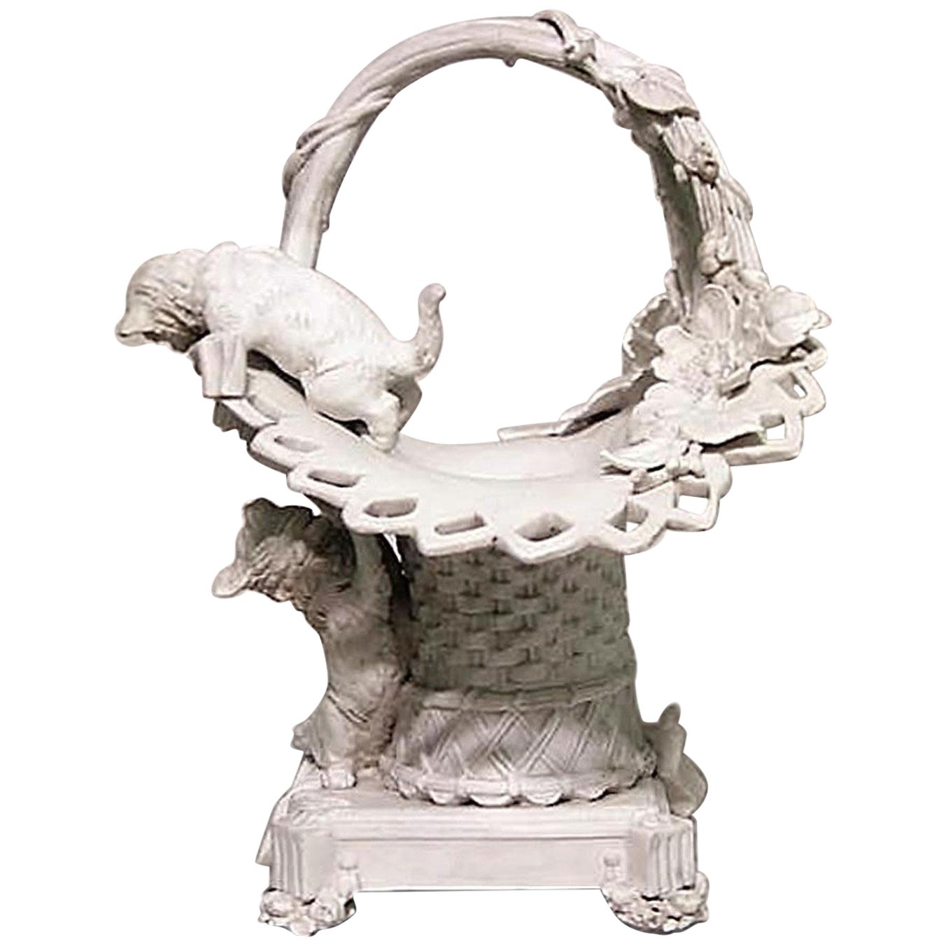 French Victorian Porcelain Cat and Basket Compote For Sale