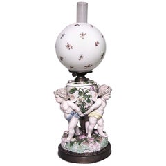 French Victorian Porcelain Cherub Oil Lamp