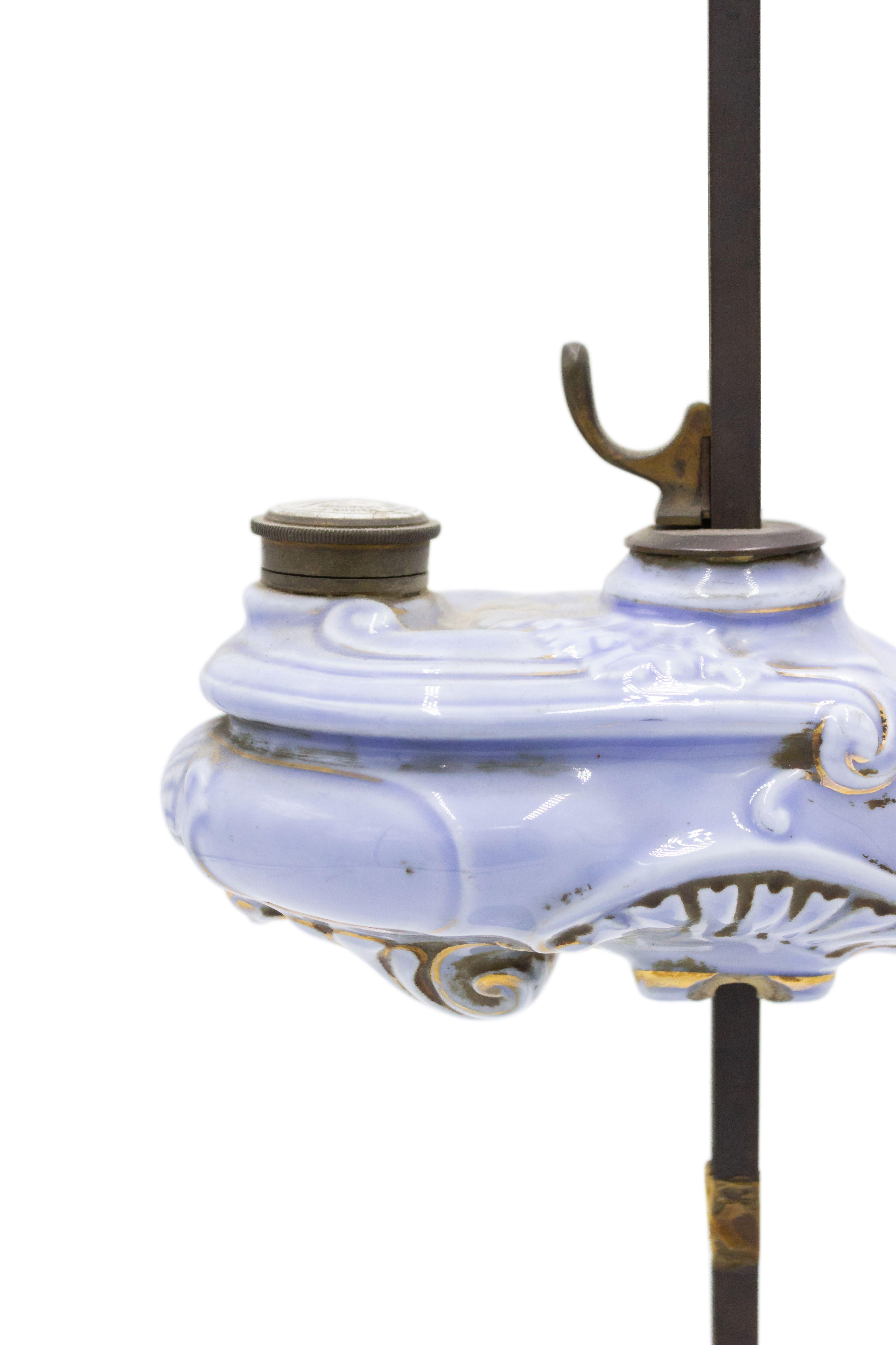 French Victorian blue porcelain Aladdin style oil table lamp.
