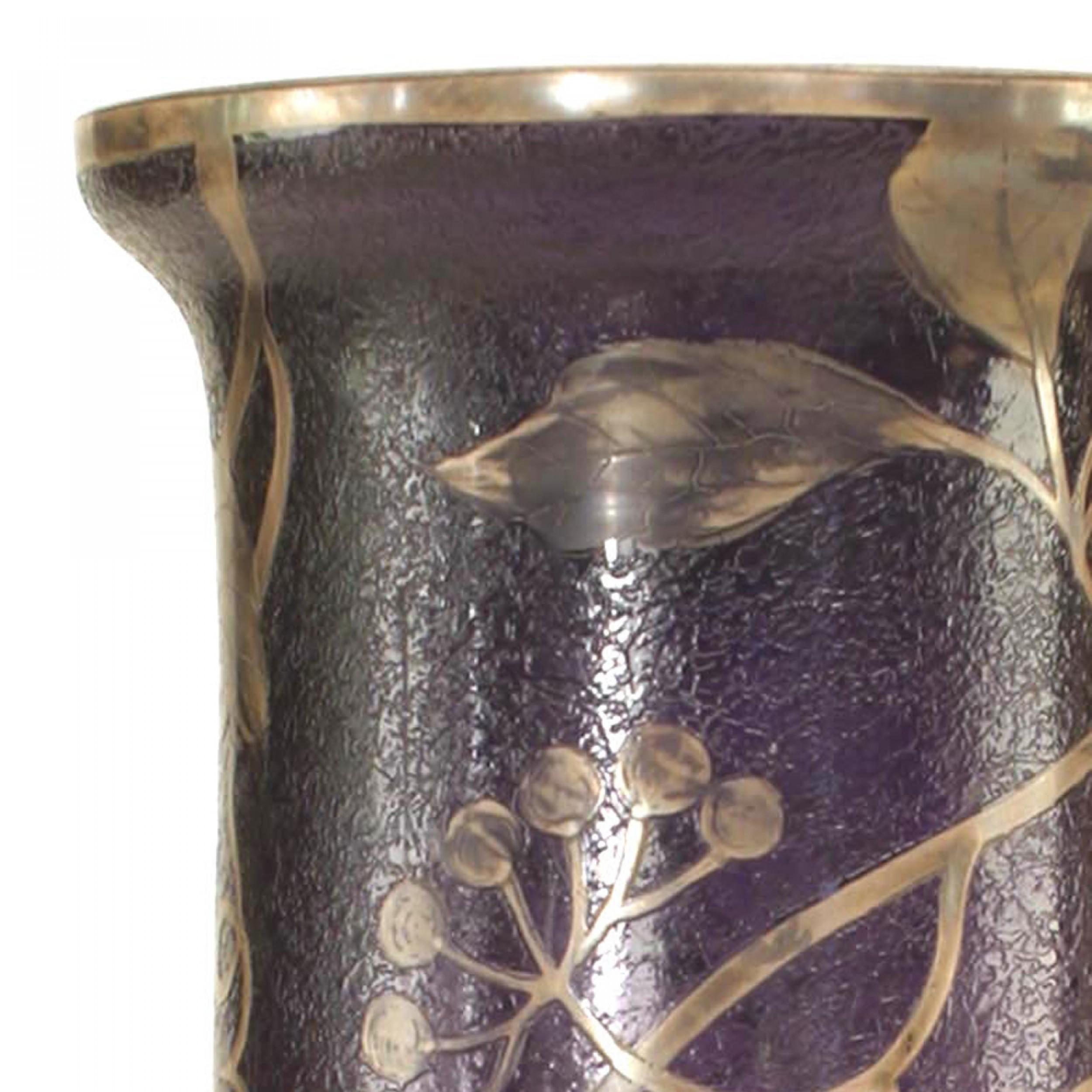 French Victorian bulbous shaped  purple glass vase with floral silver deposit design.