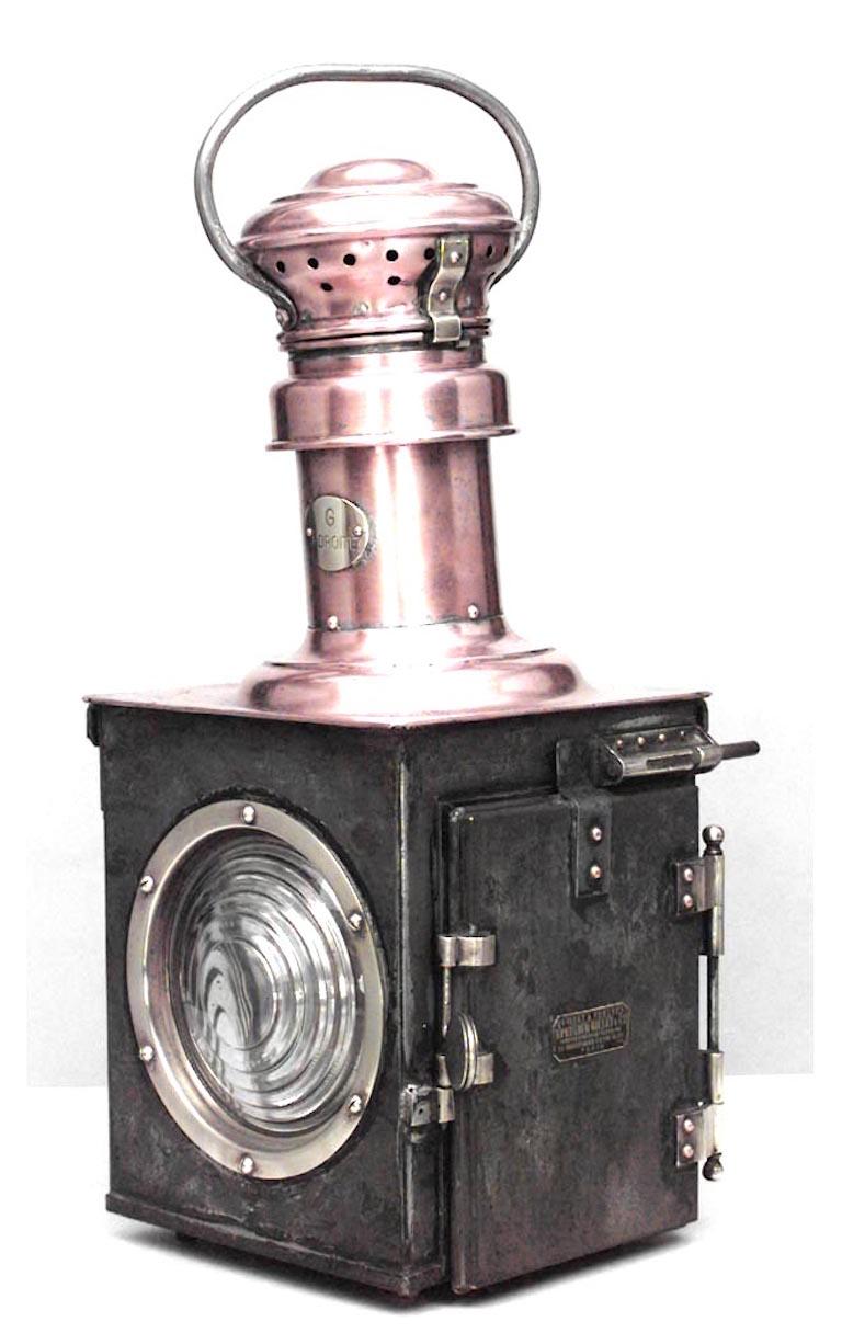 French Victorian copper square railroad embarkment lantern with 2 glass panels.
