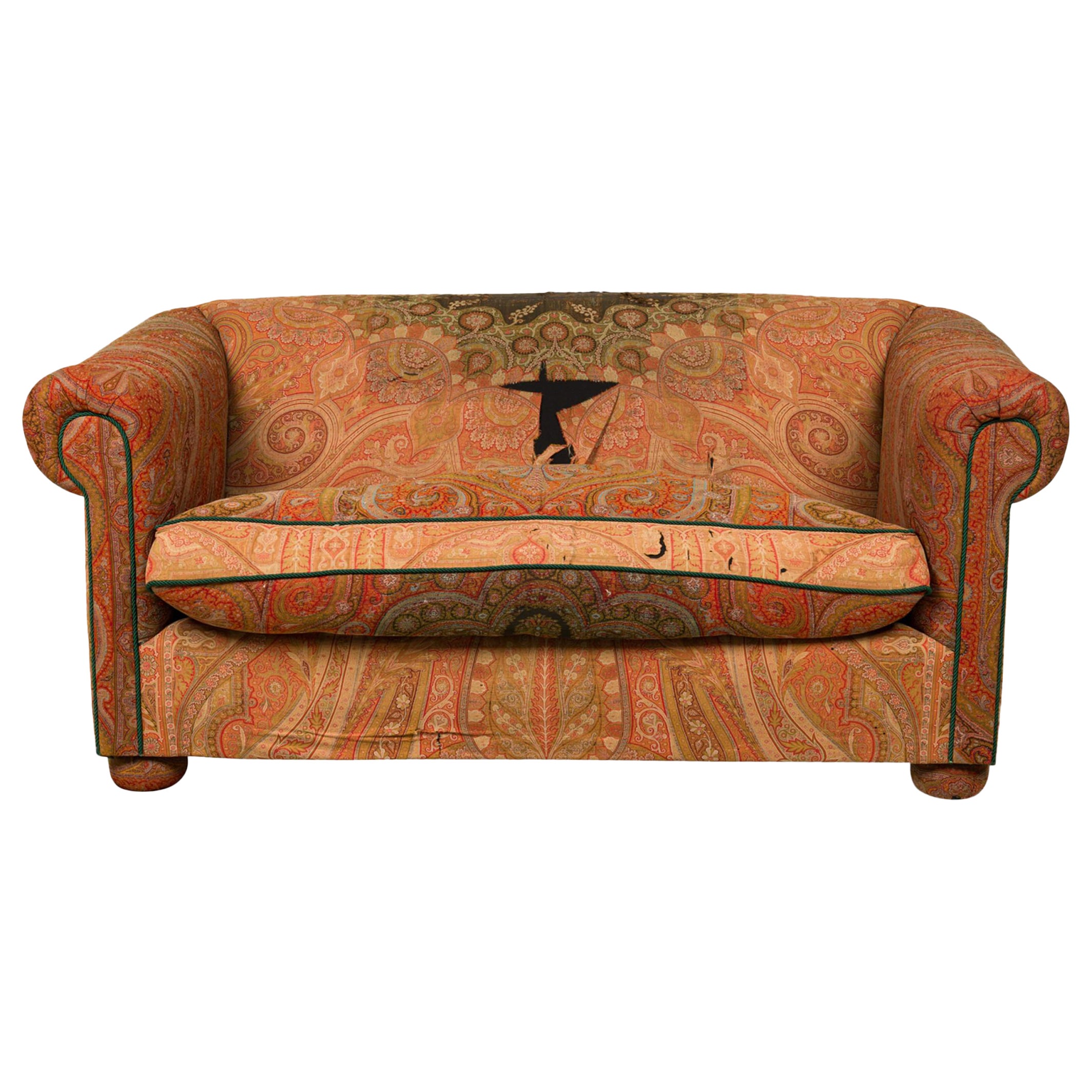 French Victorian Red and Gold Paisley Fabric Upholstered Loveseat