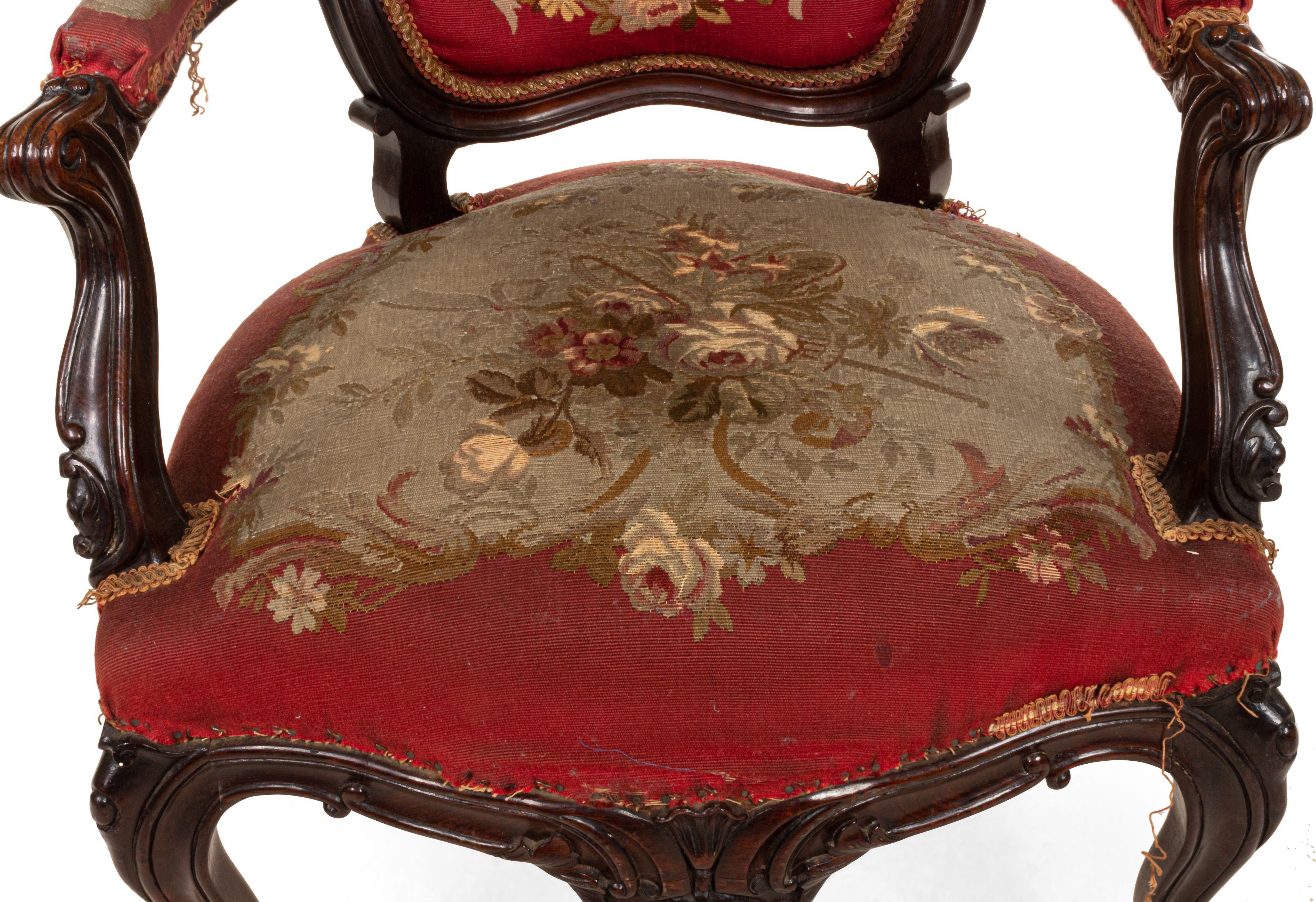French Victorian Red Floral Armchairs For Sale 1