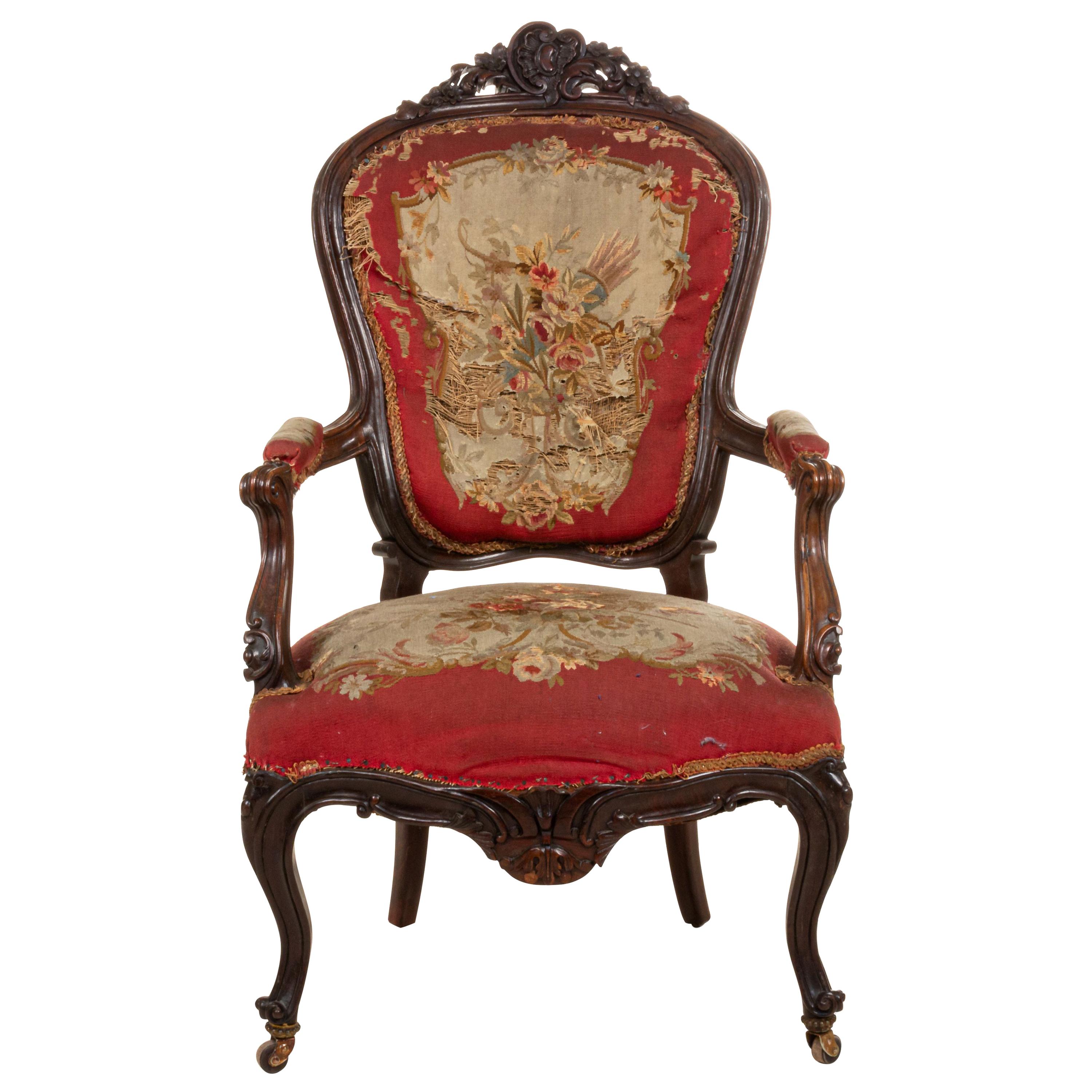 French Victorian Red Floral Armchairs For Sale