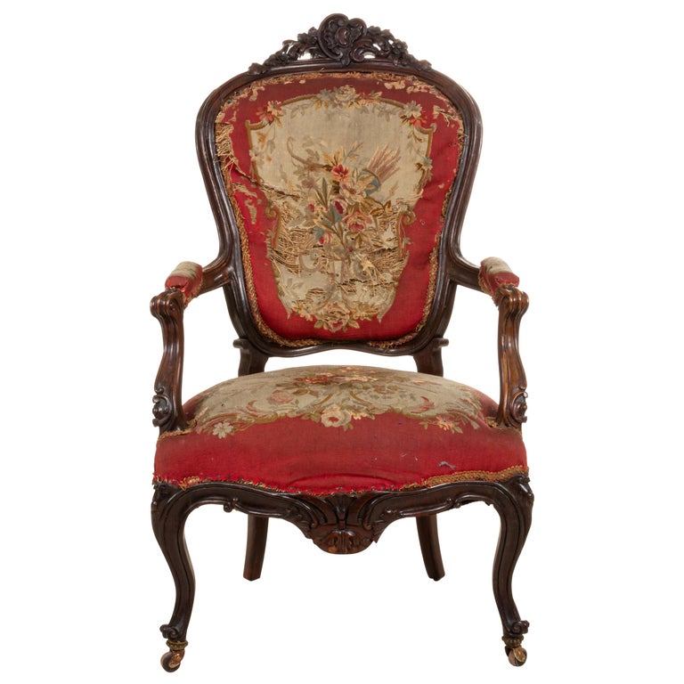 French Victorian Red Floral Armchairs For Sale at 1stDibs french
