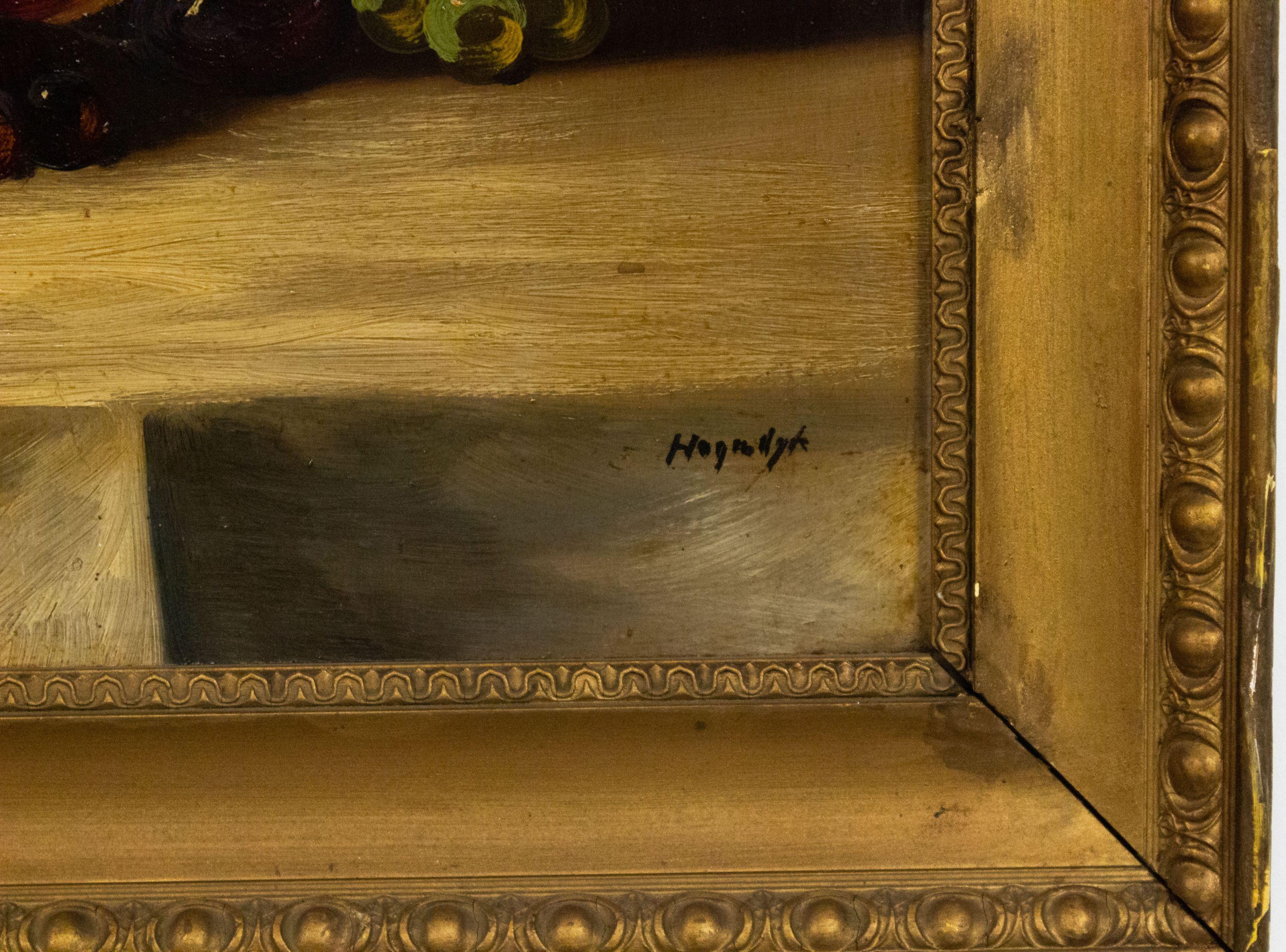 French Victorian style (20th Cent) gilt framed oil still life painting on board of red flowers and fruit