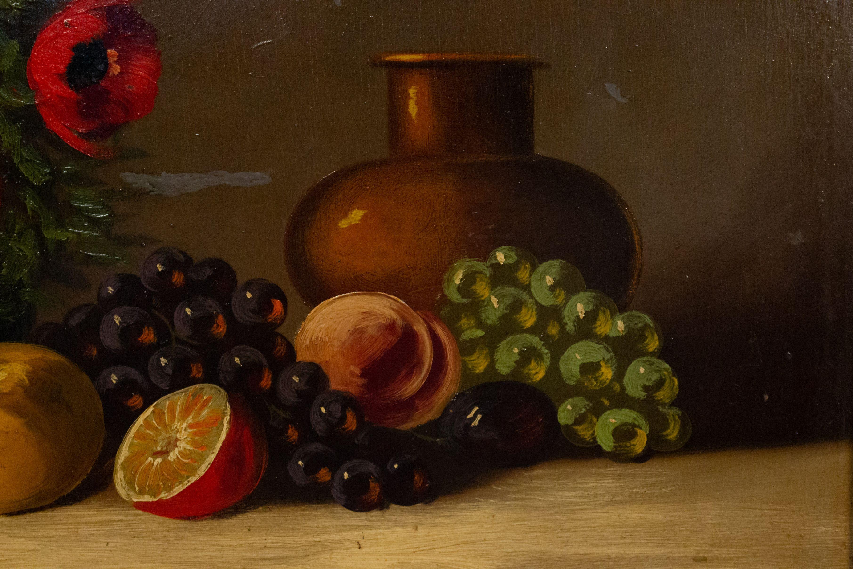 Hand-Painted French Victorian Red Flower Still Life For Sale