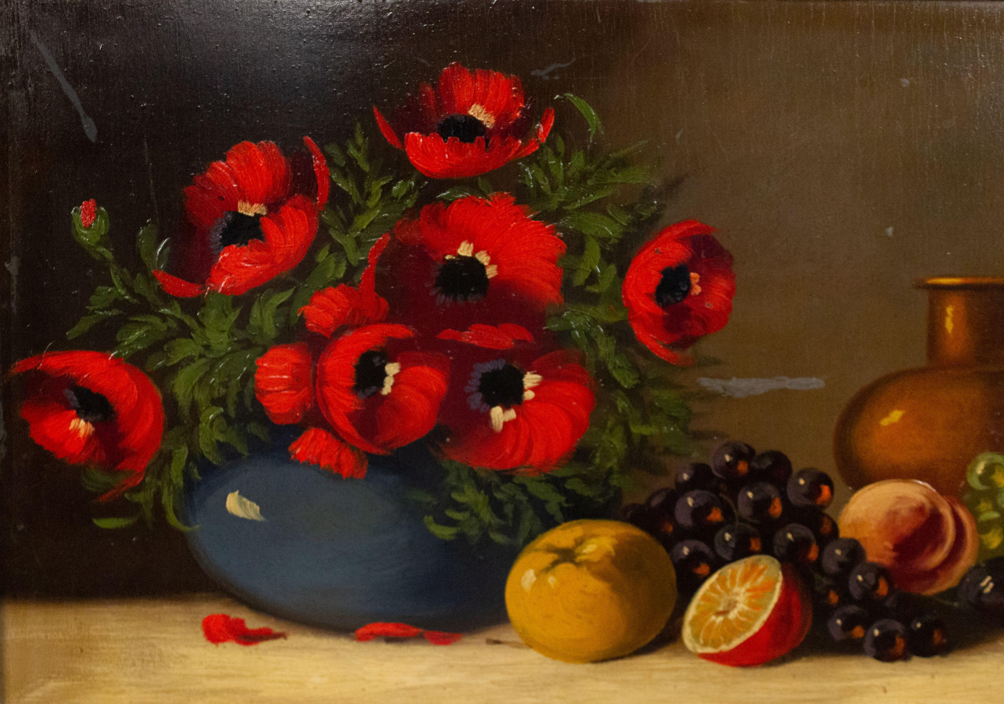 French Victorian Red Flower Still Life In Good Condition For Sale In Queens, NY