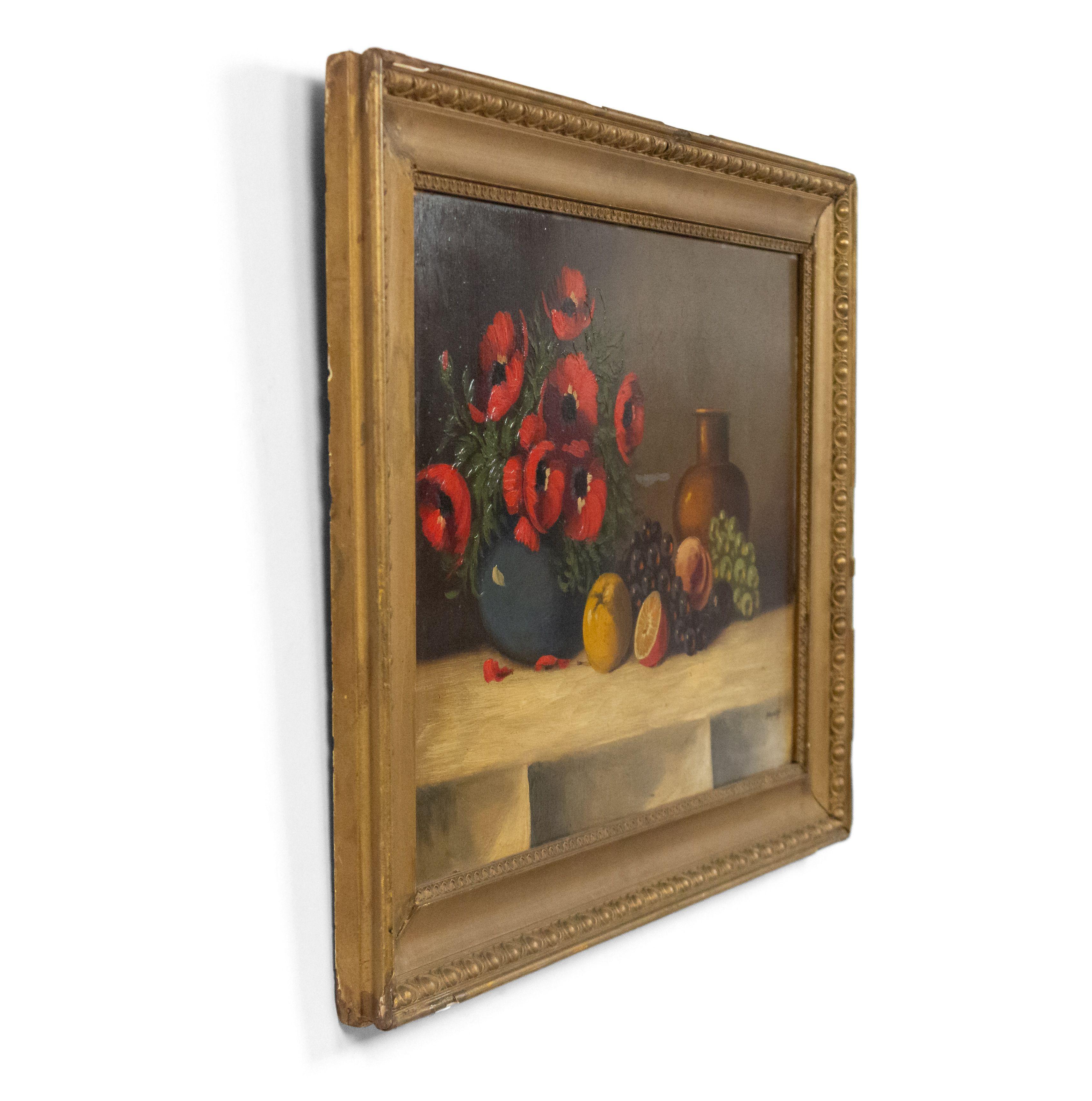Paint French Victorian Red Flower Still Life For Sale