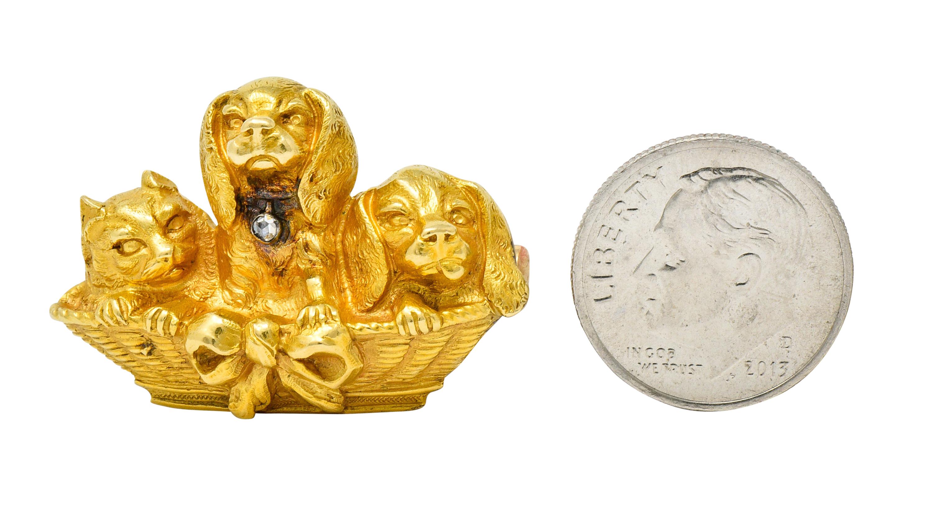 French Victorian Rose Cut Diamond 18 Karat Gold Puppy Brooch 4
