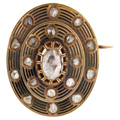Französische Brosche aus 18-karätigem Gelbgold mit Emaille und einem Diamanten im viktorianischen Rosenschliff