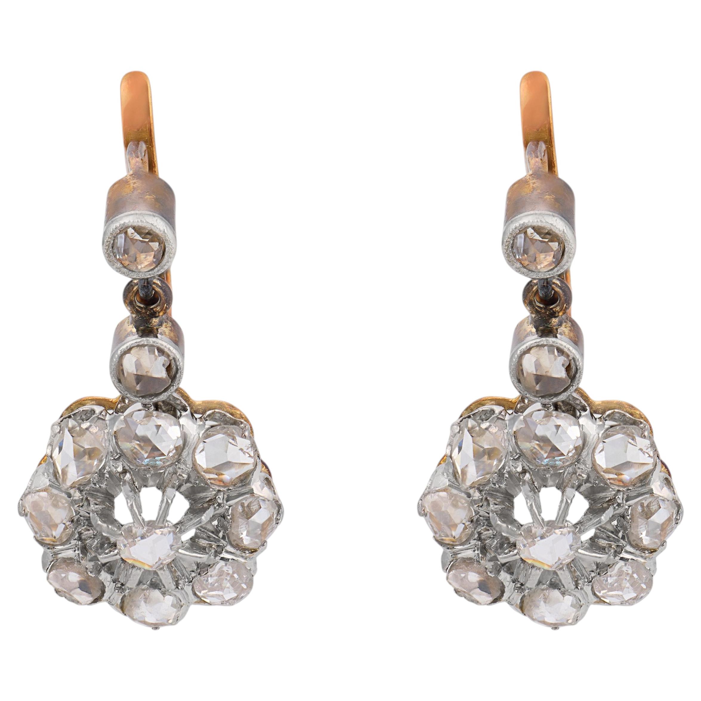 French victorian rose cut diamond 18k yellow gold platinum cluster earrings
