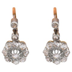 French victorian rose cut diamond 18k yellow gold platinum cluster earrings