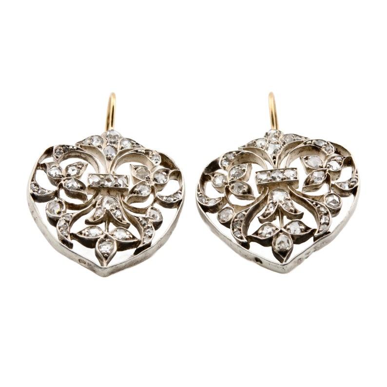 Französische viktorianische Ohrringe mit Herzmotiv aus Silber, 18 Karat Gold, Diamant im Rosenschliff (Viktorianisch) im Angebot