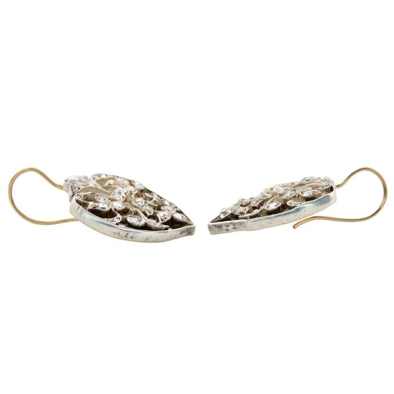 Women's French Victorian Rose Cut Diamond Heart Motif Earrings in Silver, 18 Karat Gold For Sale