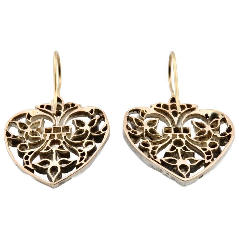 French Victorian Rose Cut Diamond Heart Motif Earrings in Silver, 18 Karat Gold For Sale 1