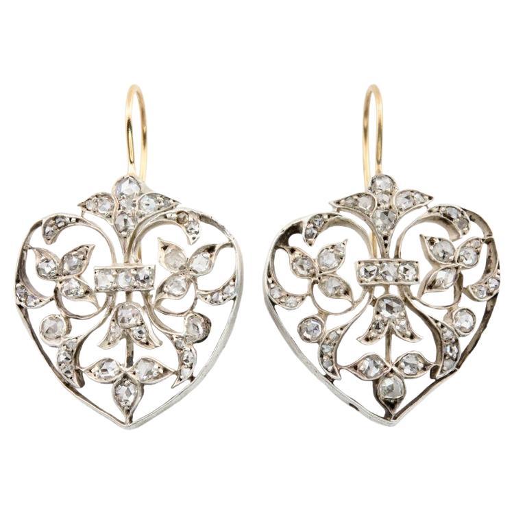 French Victorian Rose Cut Diamond Heart Motif Earrings in Silver, 18 Karat Gold