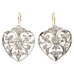 Antique French Victorian Rose Cut Diamond Heart Motif Earrings in Silver, 18 Karat Gold