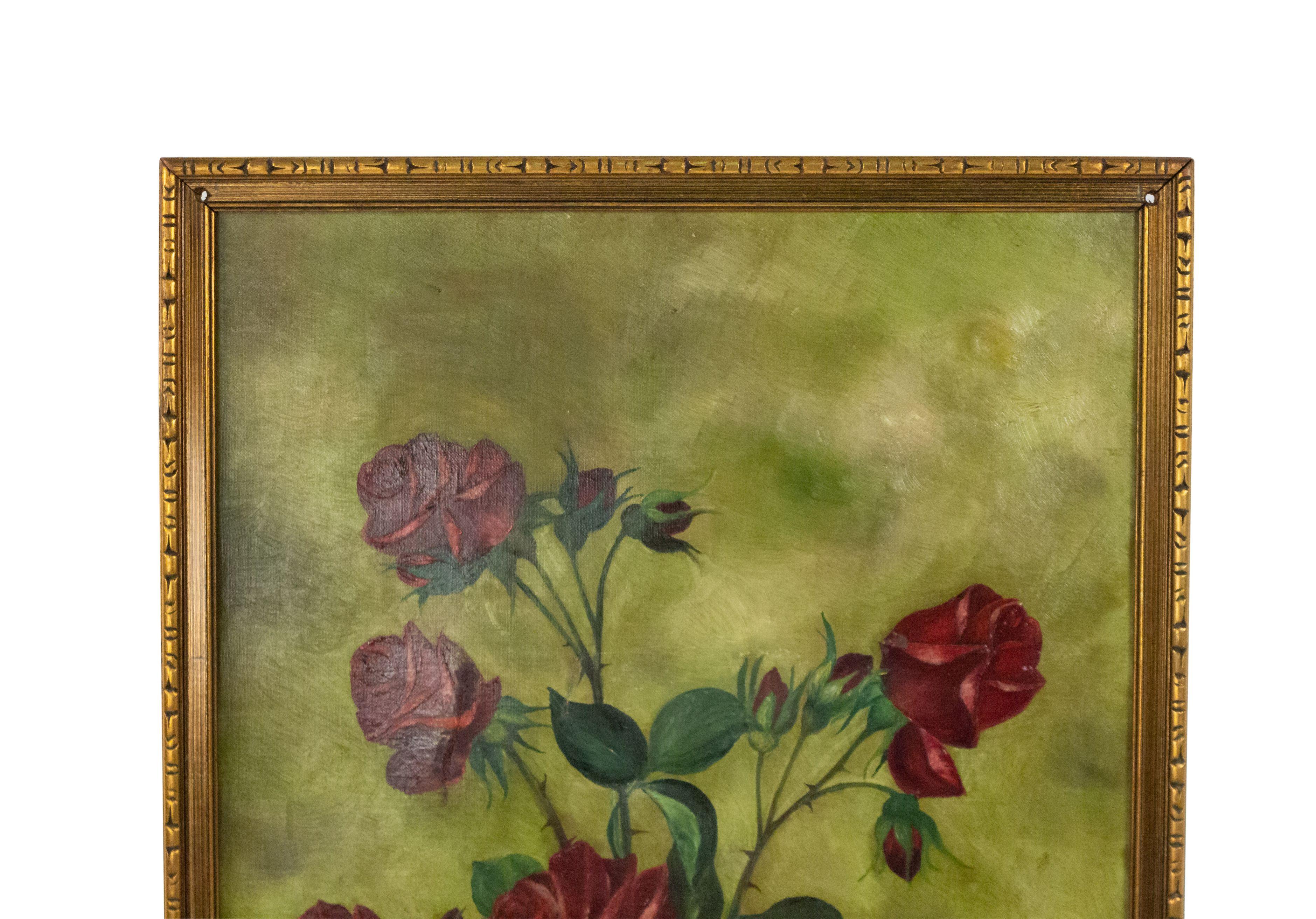 French Victorian gilt framed vertical oil still life painting of roses flowers in beige vase