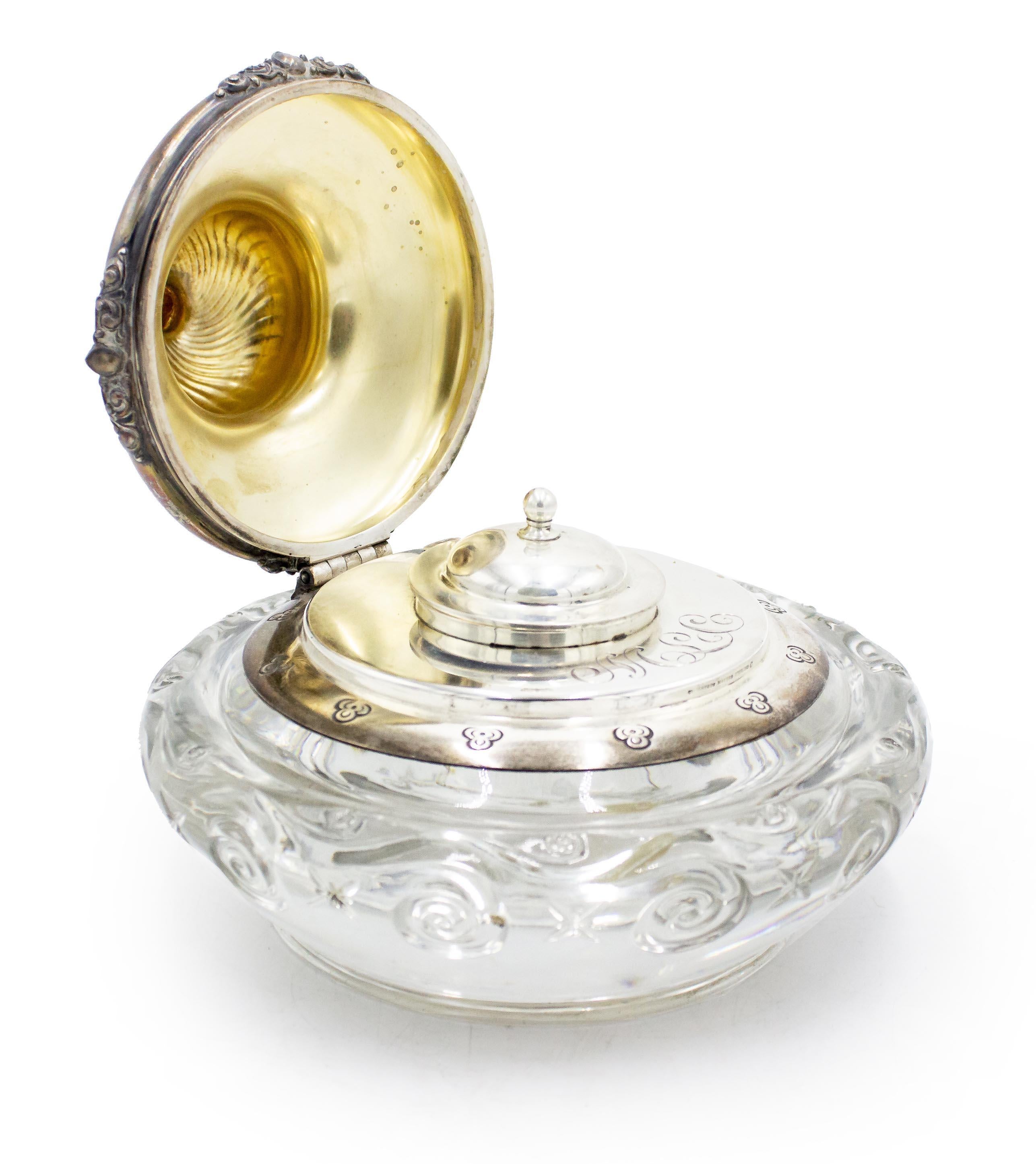French Victorian round crystal inkwell with silver and enamel cornucopia top (signed TIFFANY) *as is