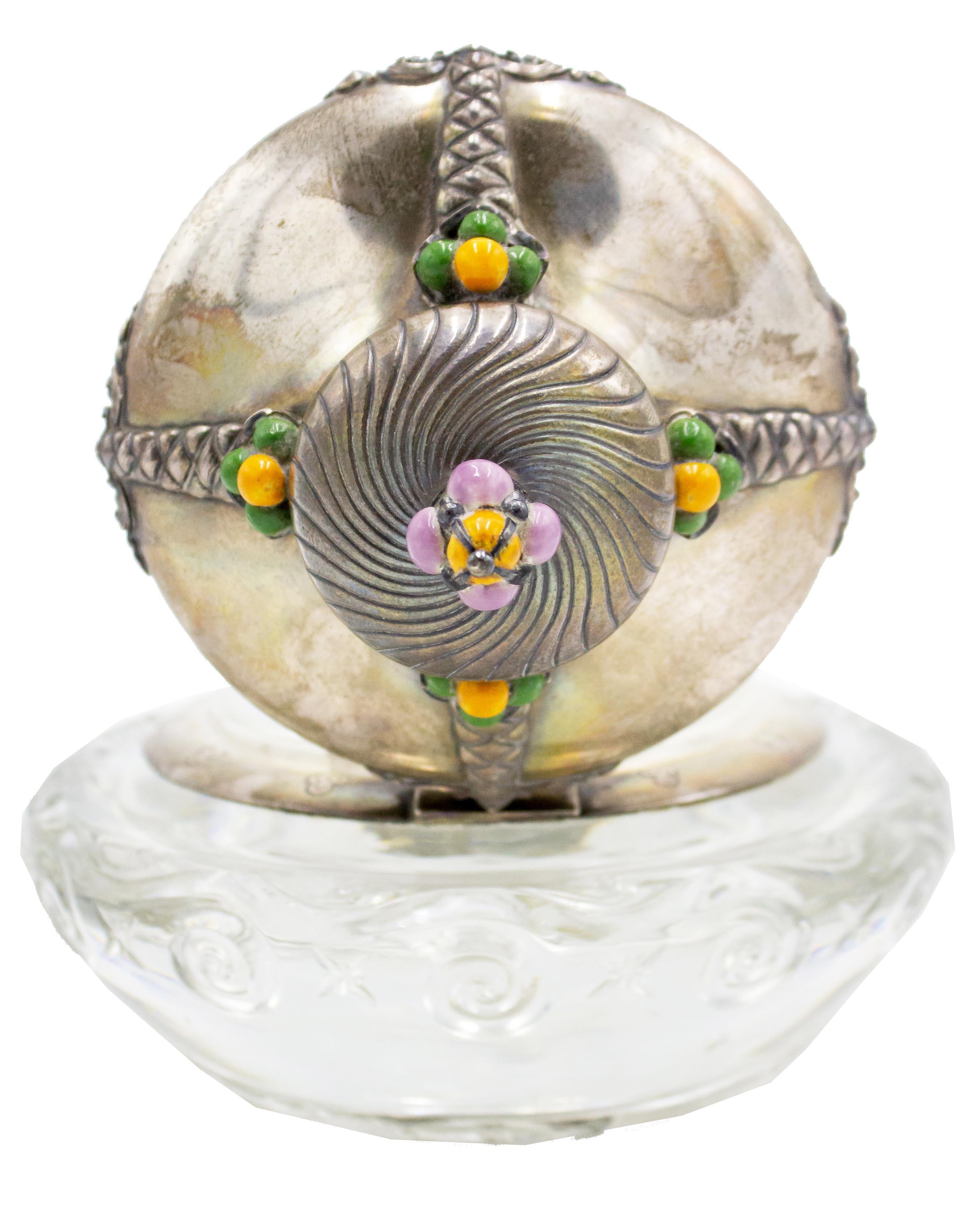 Enameled French Victorian Round Crystal and Silver Inkwell For Sale