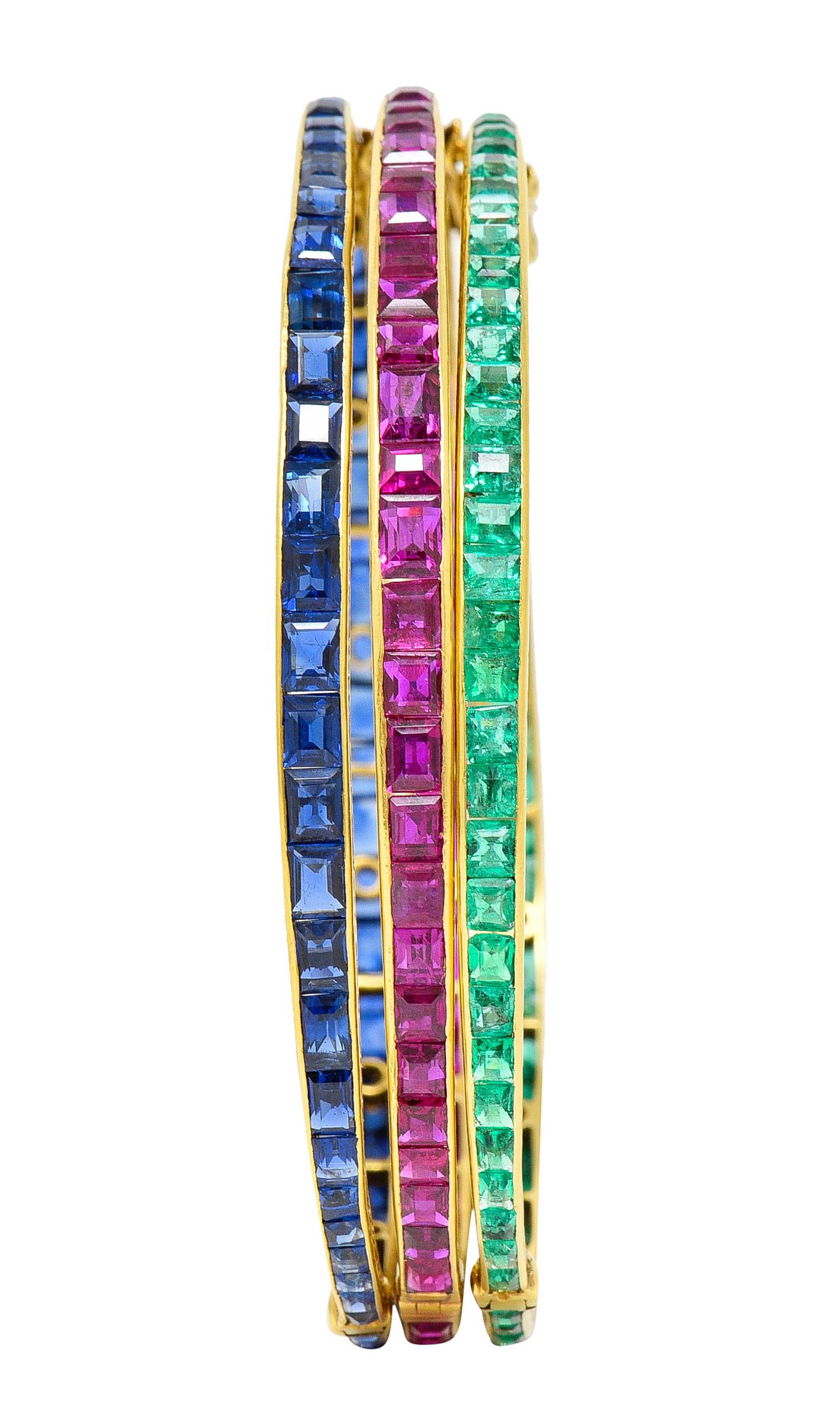 French Victorian Ruby Emerald Sapphire 18 Karat Gold Bangle Bracelets Set of 3 4