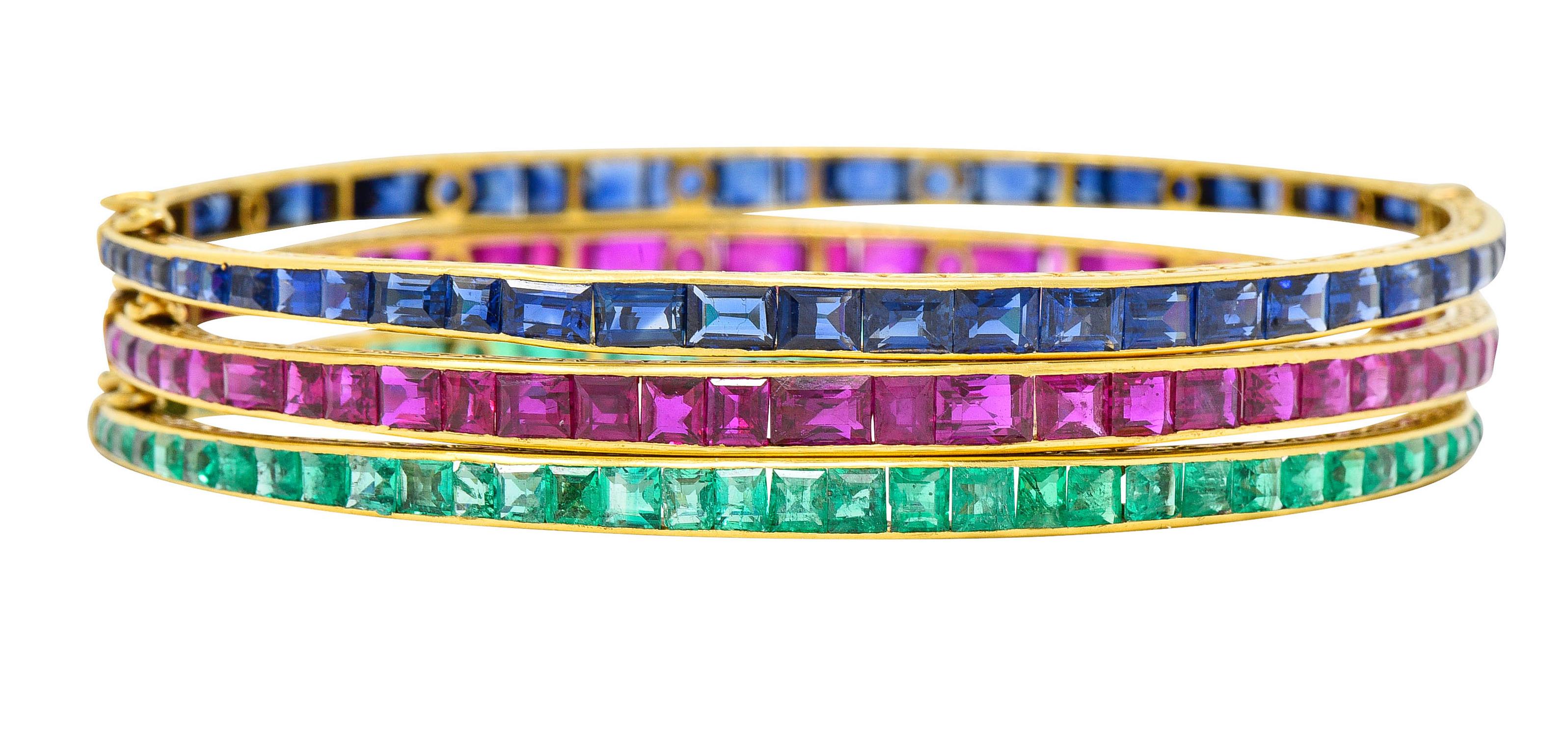 Square Cut French Victorian Ruby Emerald Sapphire 18 Karat Gold Bangle Bracelets Set of 3