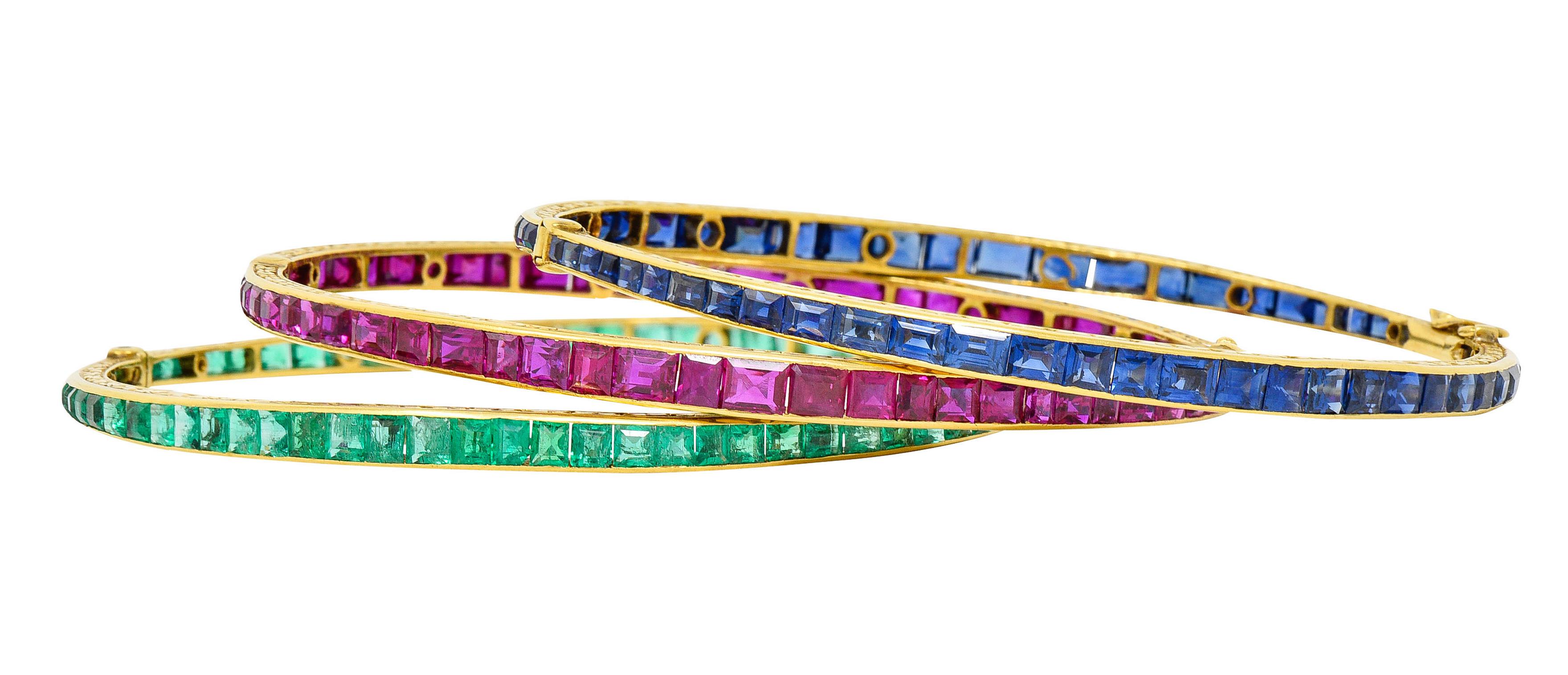 Women's or Men's French Victorian Ruby Emerald Sapphire 18 Karat Gold Bangle Bracelets Set of 3