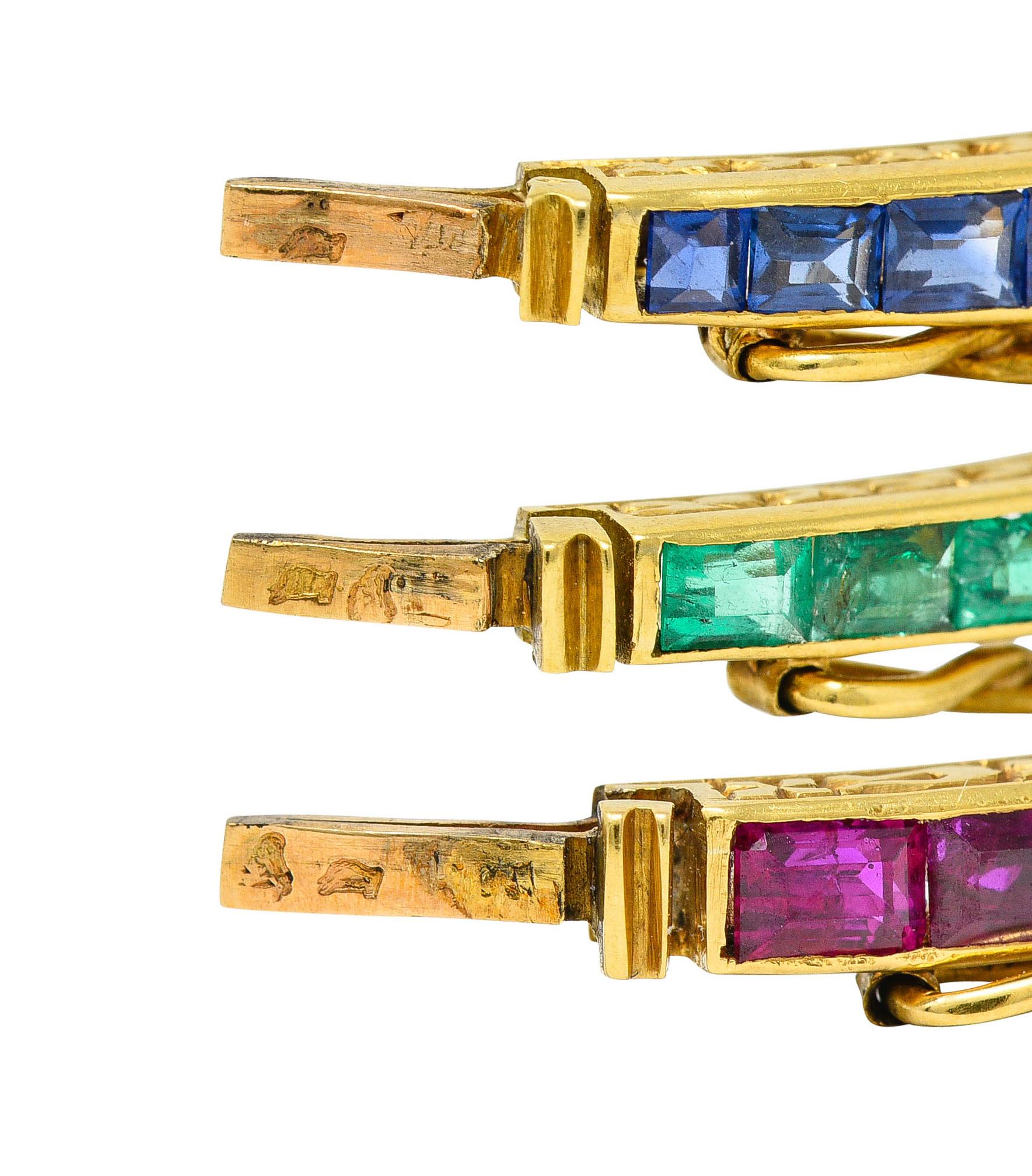 French Victorian Ruby Emerald Sapphire 18 Karat Gold Bangle Bracelets Set of 3 1