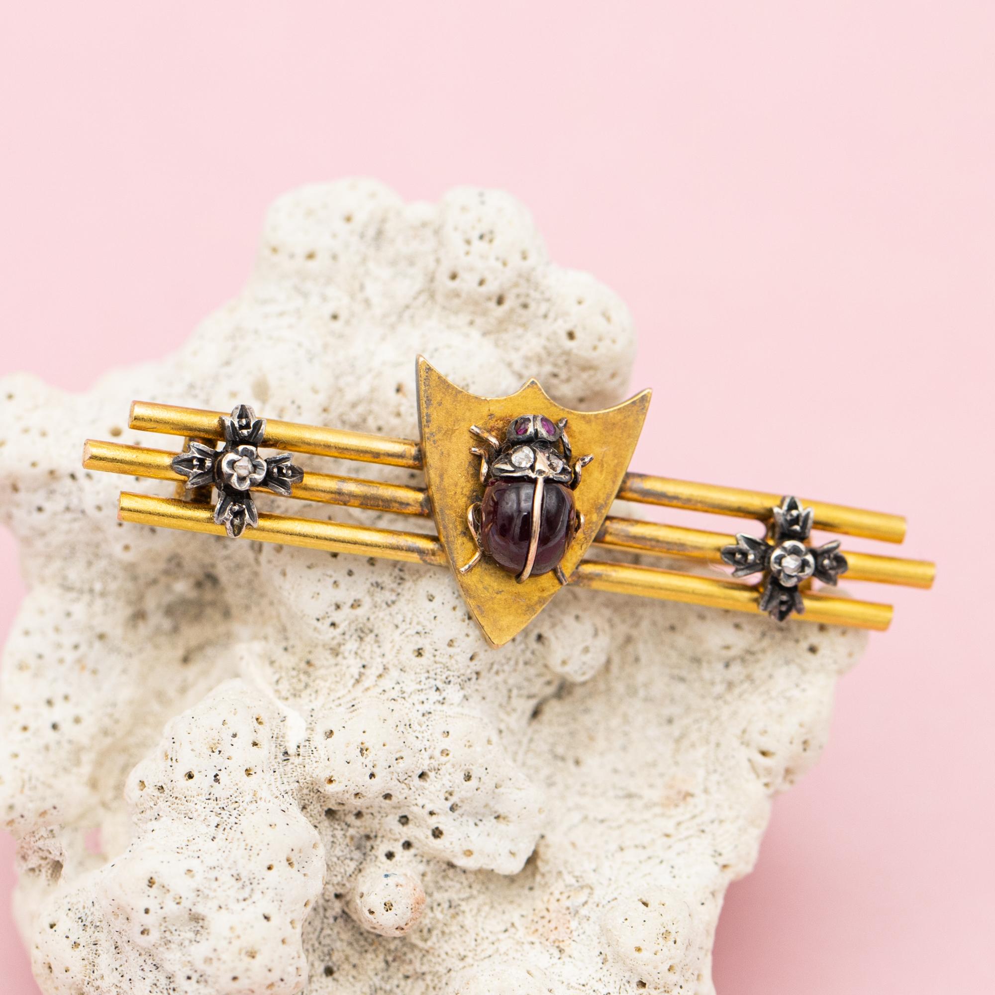 French Victorian Ruby Ladybug Brooch - Antique 18k gold animal brooch - Insect 5