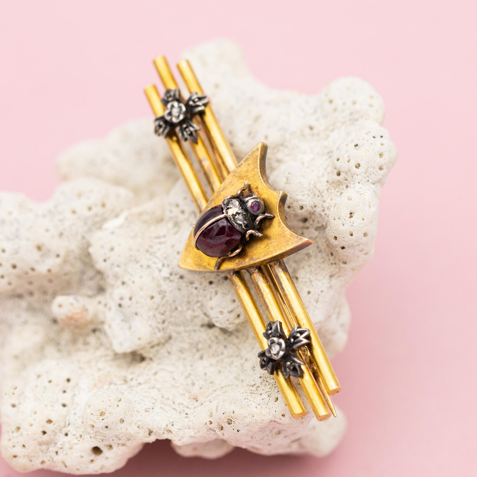 French Victorian Ruby Ladybug Brooch - Antique 18k gold animal brooch - Insect 7
