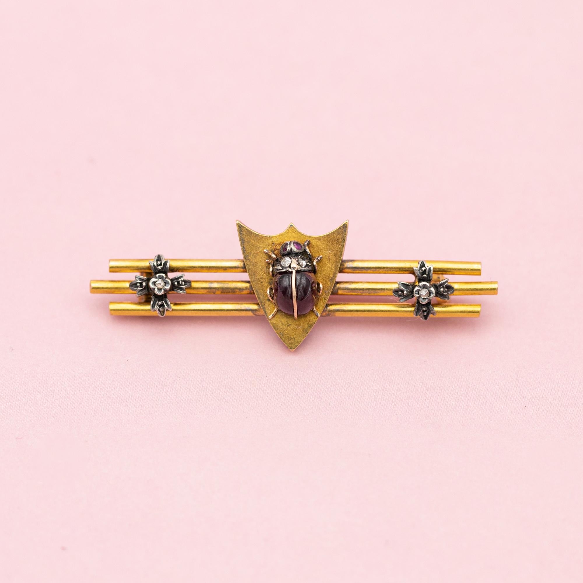 French Victorian Ruby Ladybug Brooch - Antique 18k gold animal brooch - Insect 1