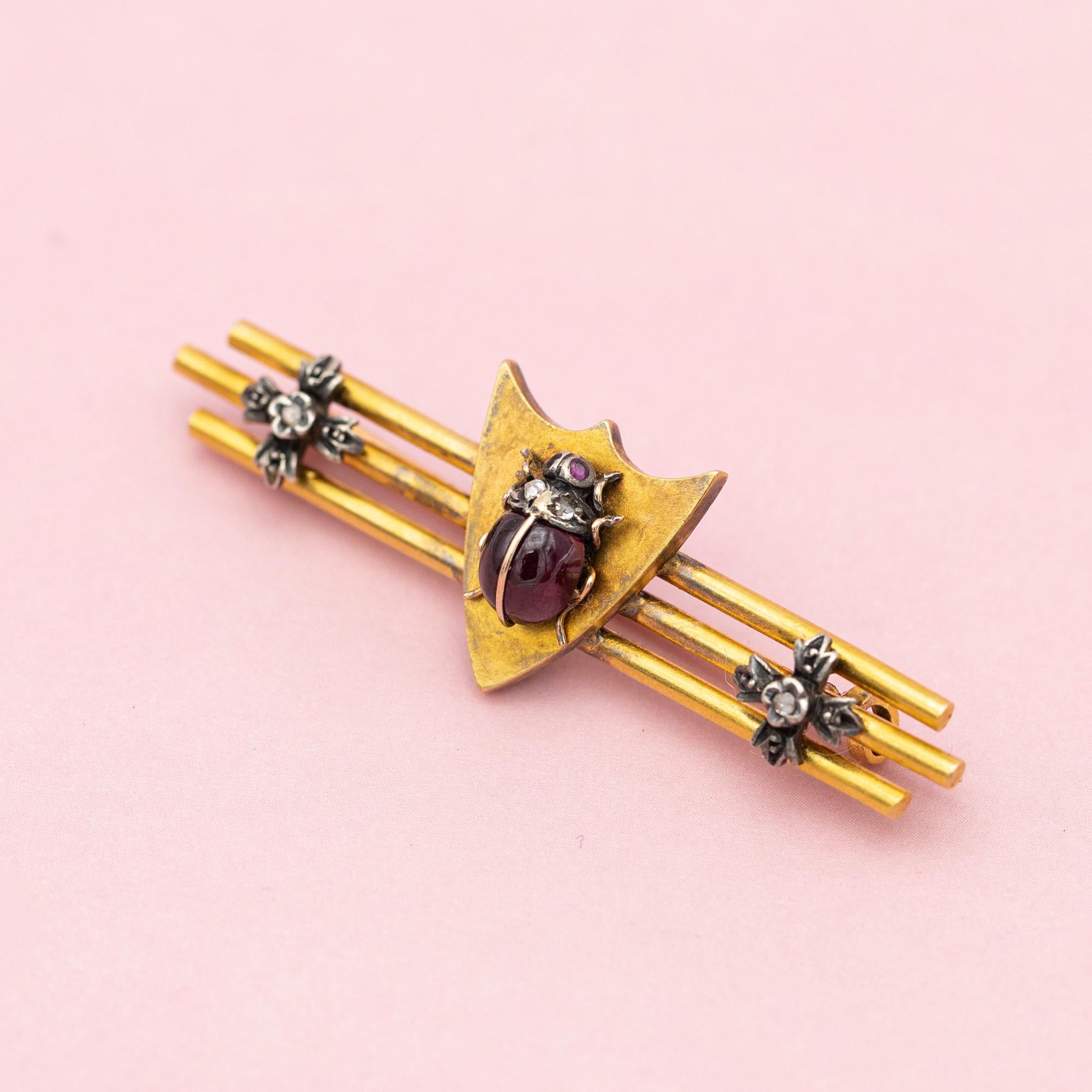 French Victorian Ruby Ladybug Brooch - Antique 18k gold animal brooch - Insect 2