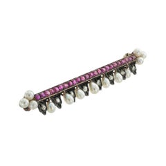 French Victorian Ruby Pearl Rose Cut Diamond Bar Brooch
