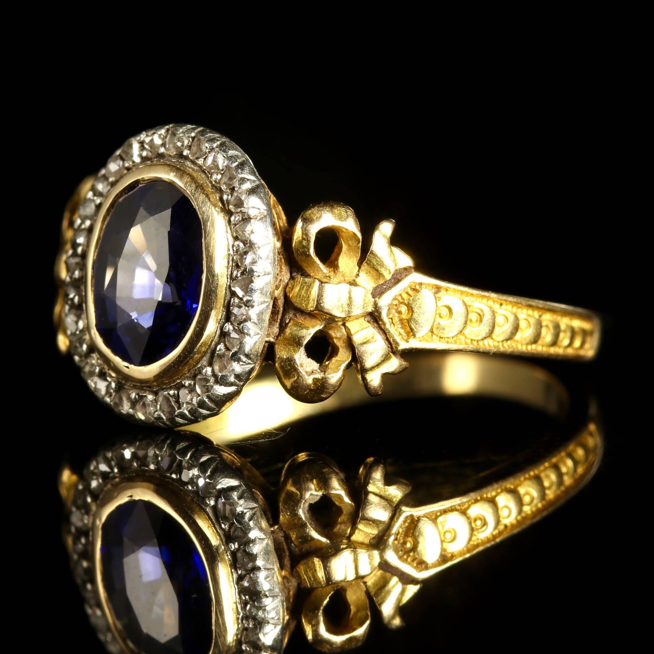 This fabulous, original French Sapphire and Diamond ring is Circa 1900.

The lovely natural Sapphire is 0.65ct which is surrounded by a halo of Diamonds.

Sapphire is the symbol of feelings of sympathy, harmony friendship and loyalty, everything