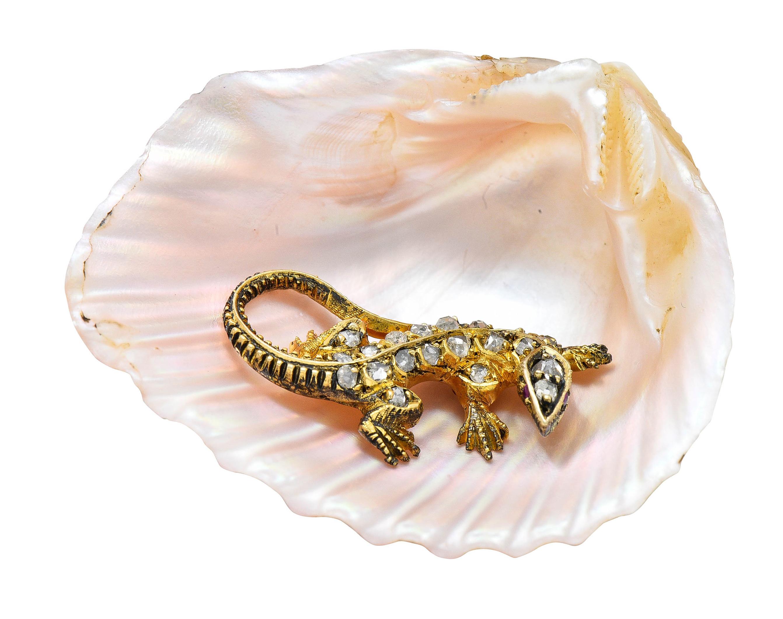 French Victorian Shell Rose Cut Diamond 18 Karat Gold Lizard Brooch 8