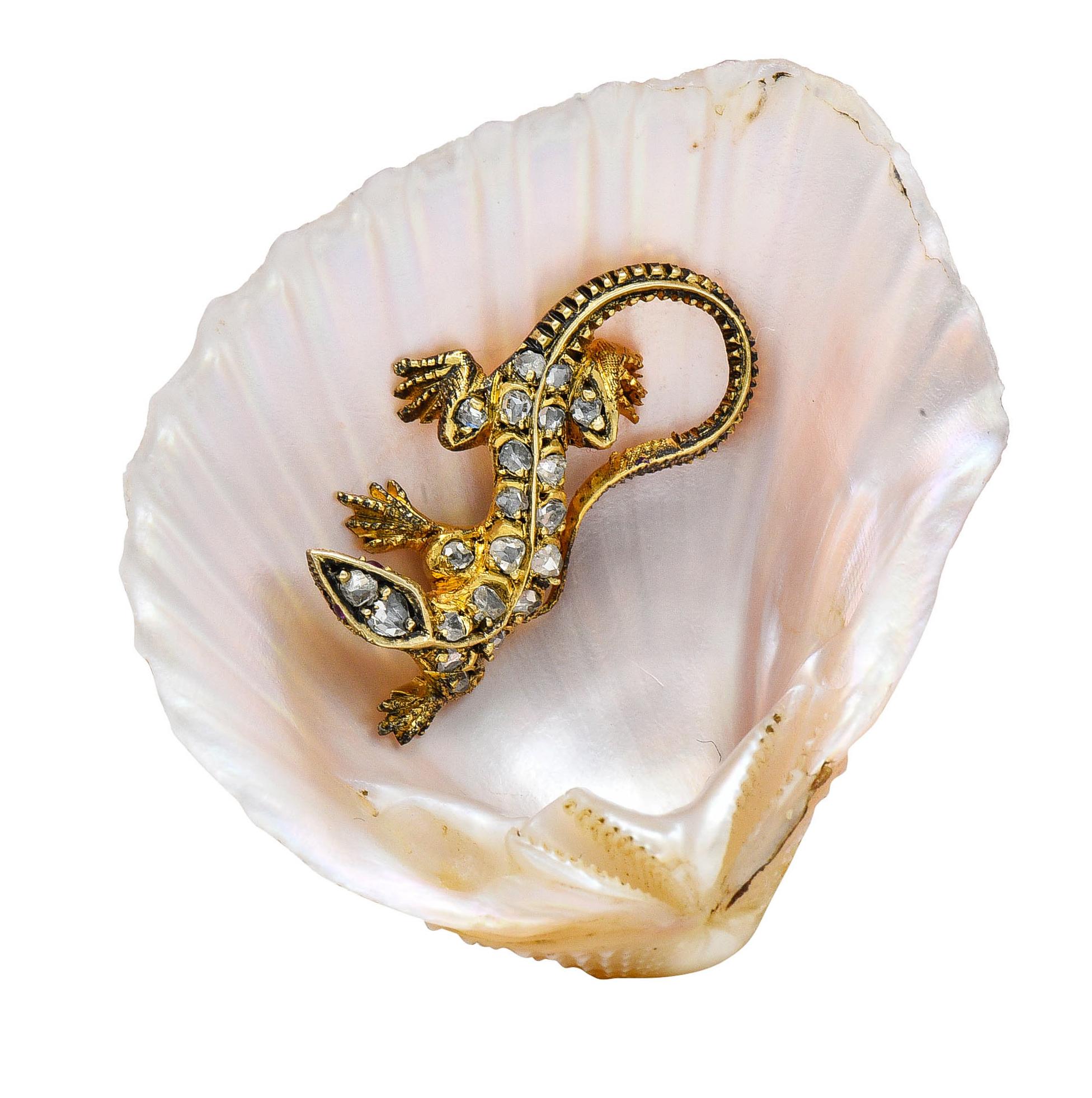 French Victorian Shell Rose Cut Diamond 18 Karat Gold Lizard Brooch 9