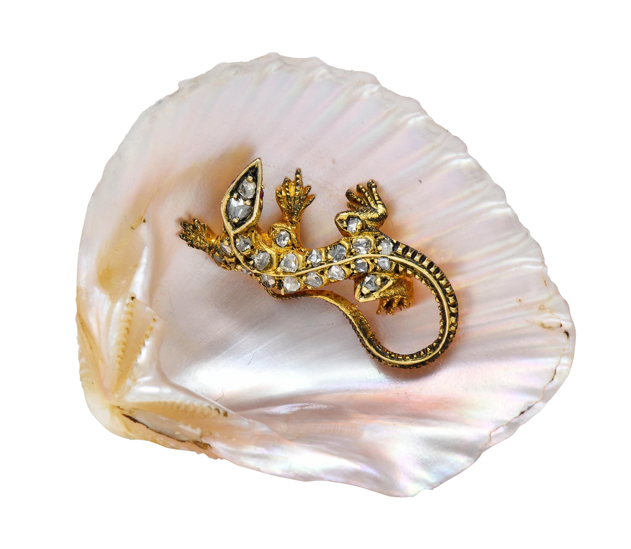 French Victorian Shell Rose Cut Diamond 18 Karat Gold Lizard Brooch 10
