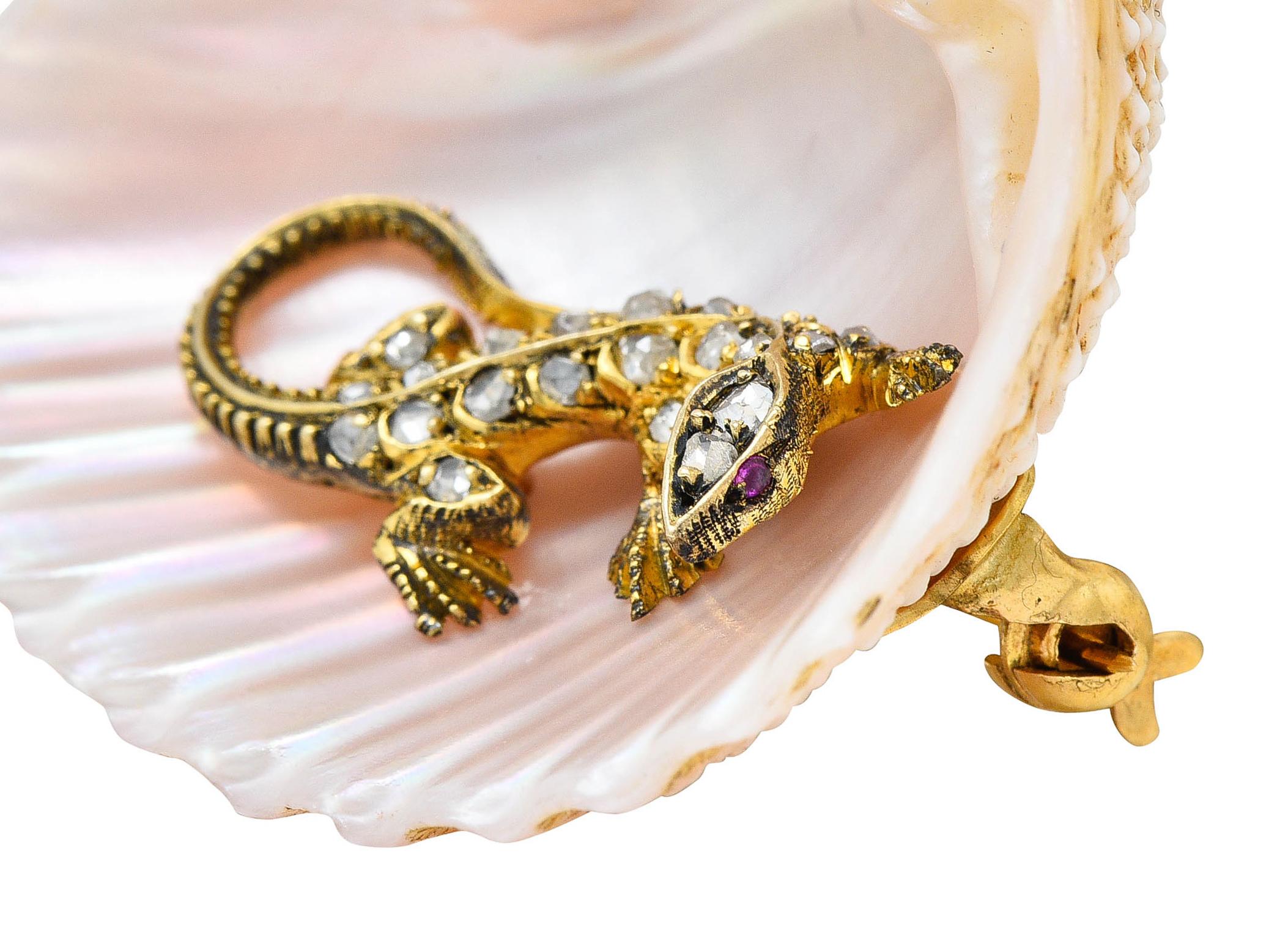 French Victorian Shell Rose Cut Diamond 18 Karat Gold Lizard Brooch 11